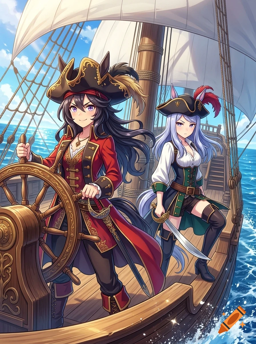 Two anime-style pirate characters with animal ears stand on the deck of a sailing ship at sea.