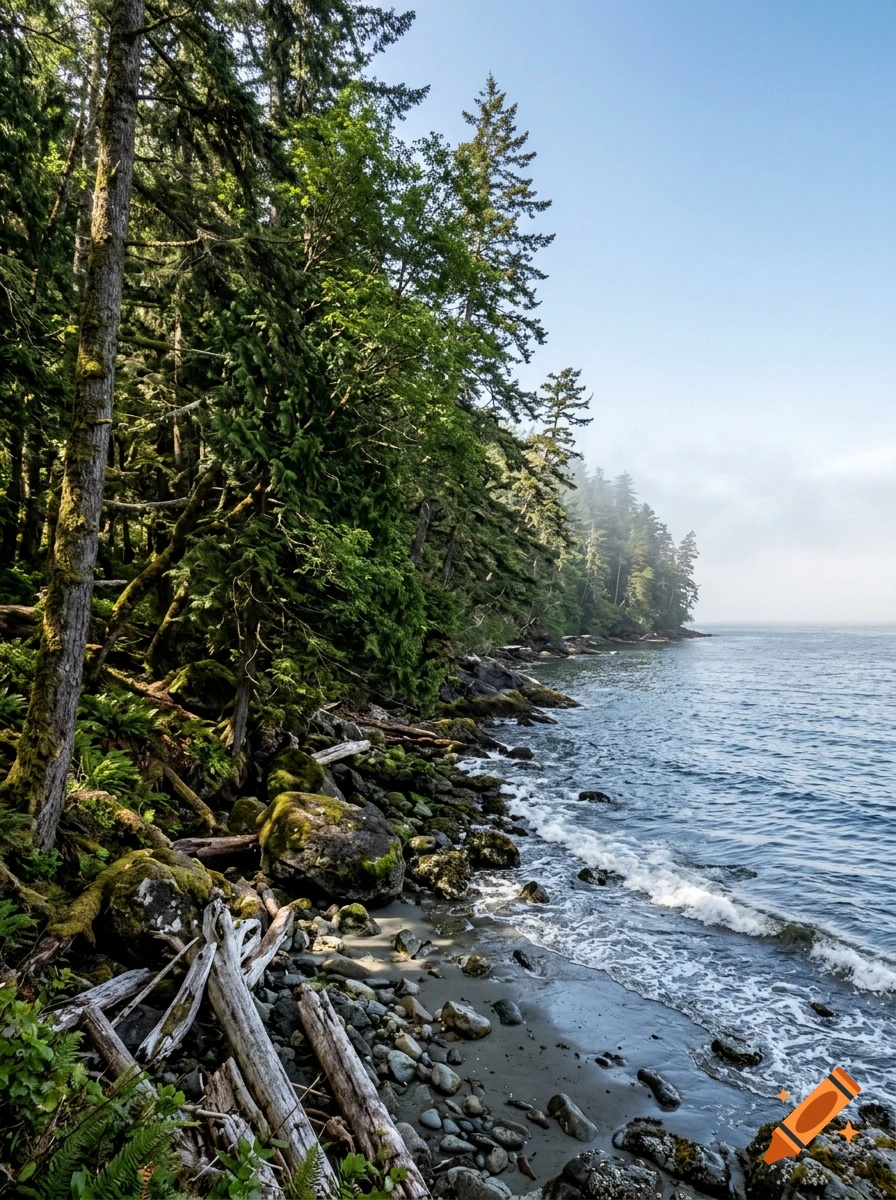 photorealistic view of a lush green forest meeting a rocky beach and ocean with gentle waves under a clear sky