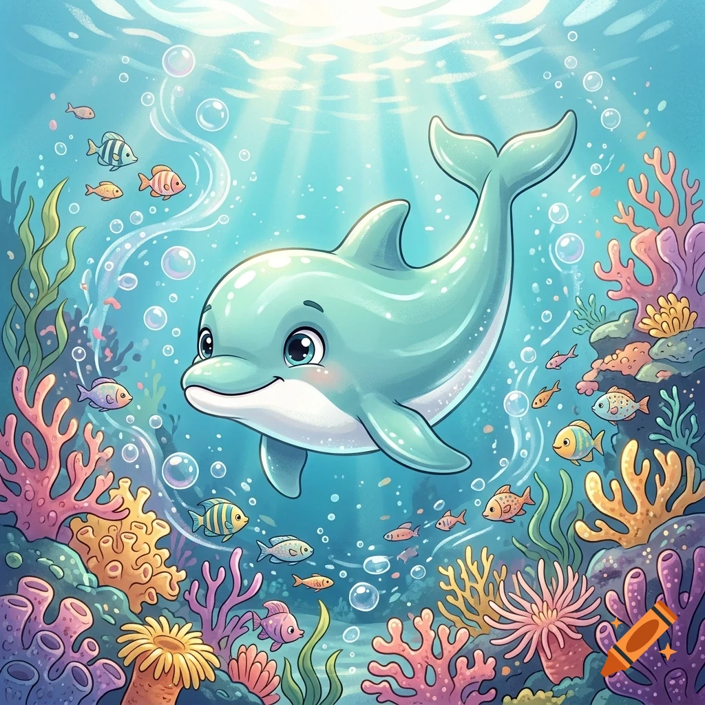 A friendly cartoon dolphin swimming in a vibrant underwater coral reef surrounded by small colorful fish and bubbles, with light filtering from the surface.