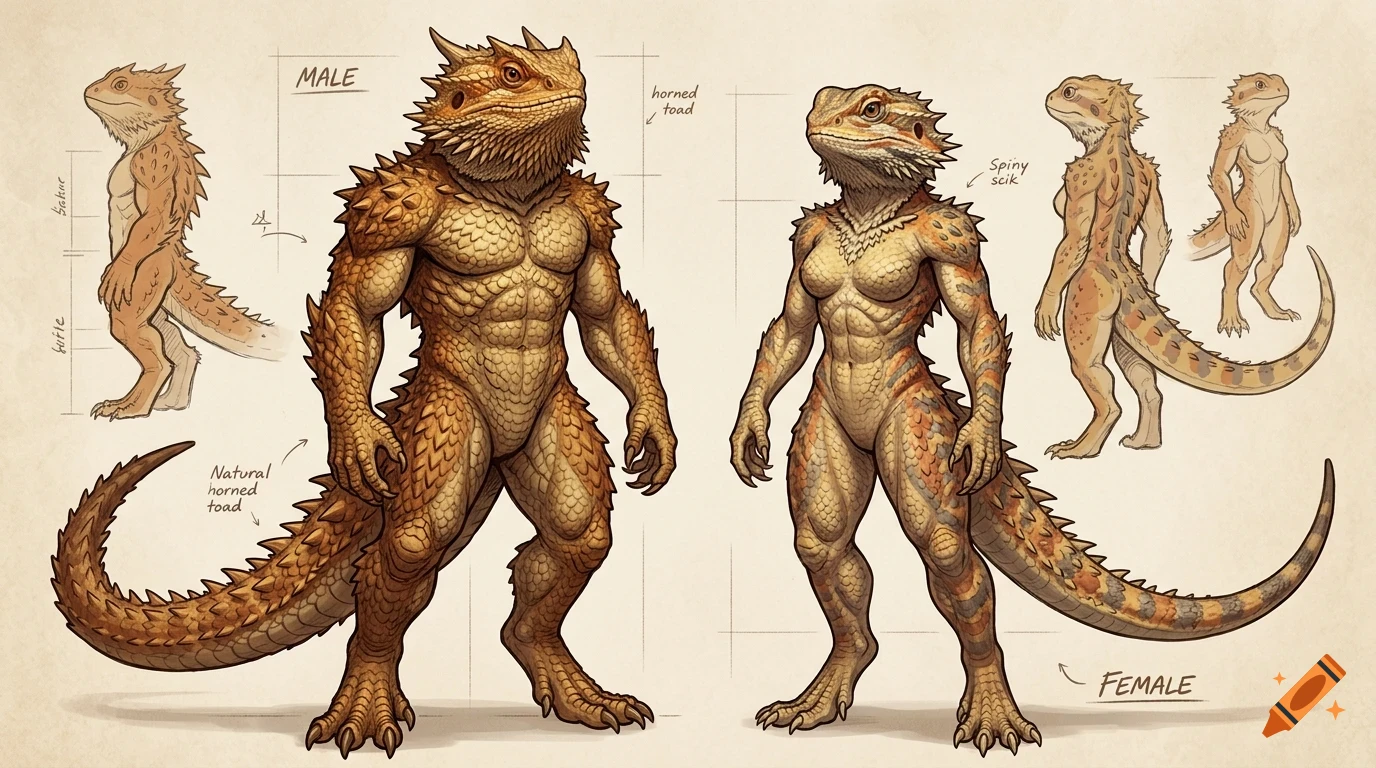 An illustrated anatomy and character design sheet showing male and female anthropomorphic lizard-like creatures with scales and spikes.