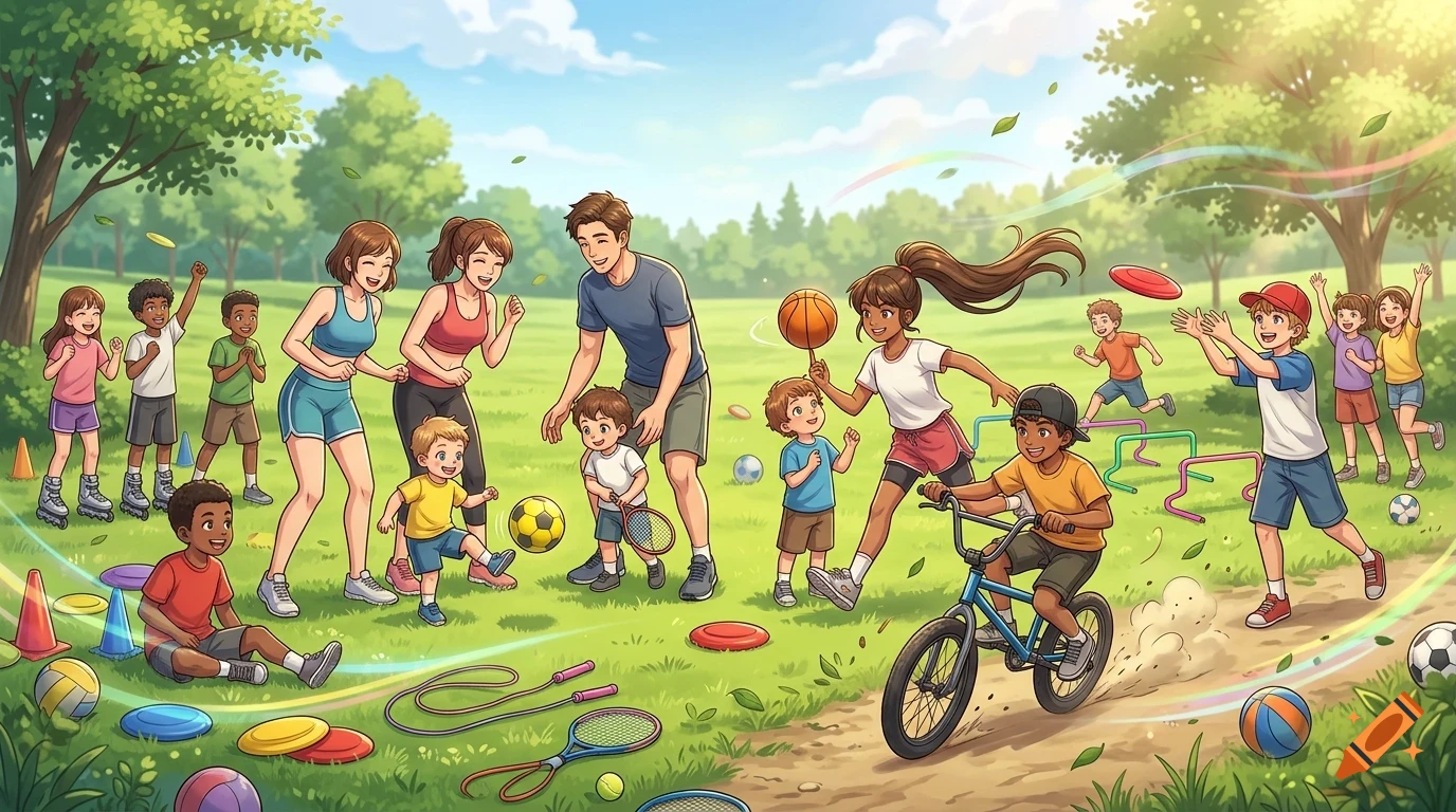 A diverse group of children and adults enjoying various outdoor sports and activities in a sunny park with green grass and trees.