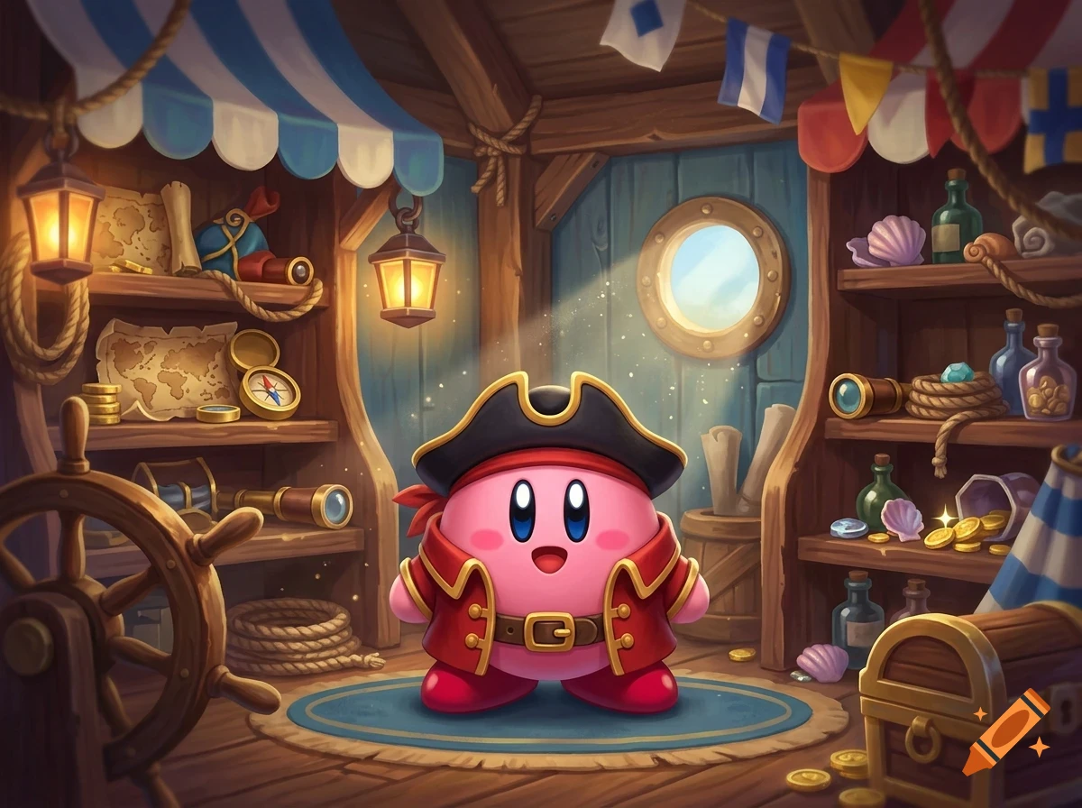 A round pink character dressed as a pirate standing inside a wooden ship cabin filled with treasures, maps, and lanterns.