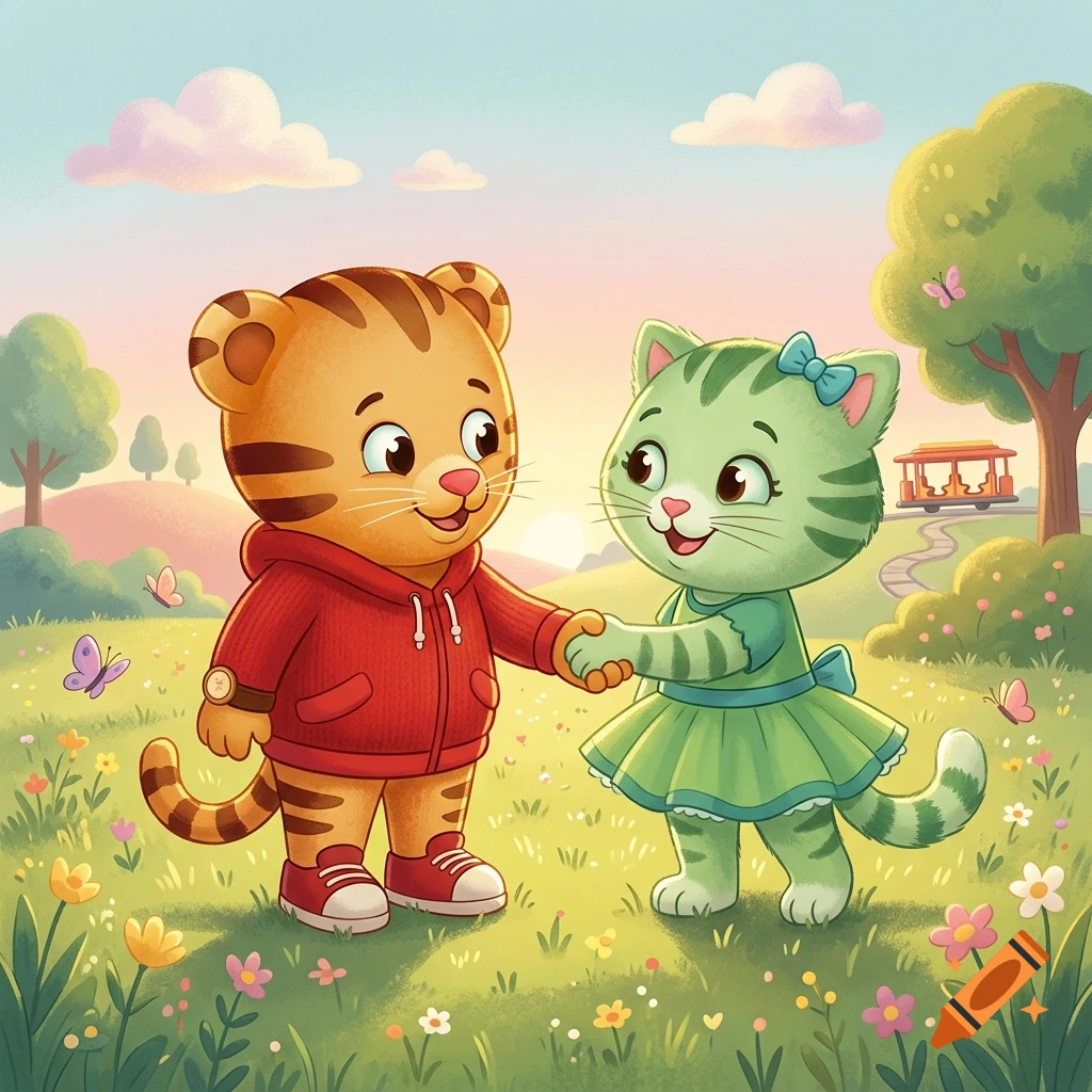 Digital illustration of Daniel Tiger and Katerina Kittycat holding hands in a sunny meadow with butterflies and flowers.