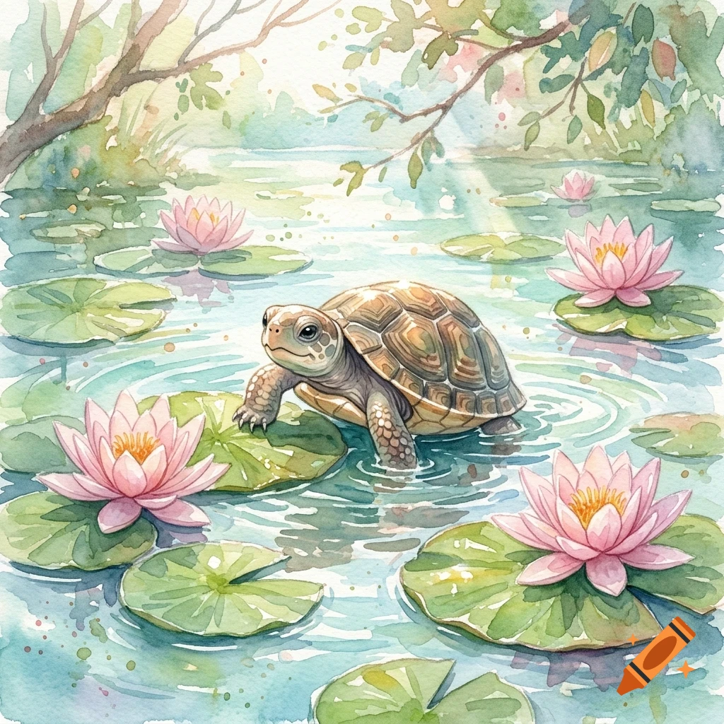 A turtle walks on a lily pad in a pond surrounded by pink water lilies and lush green foliage.