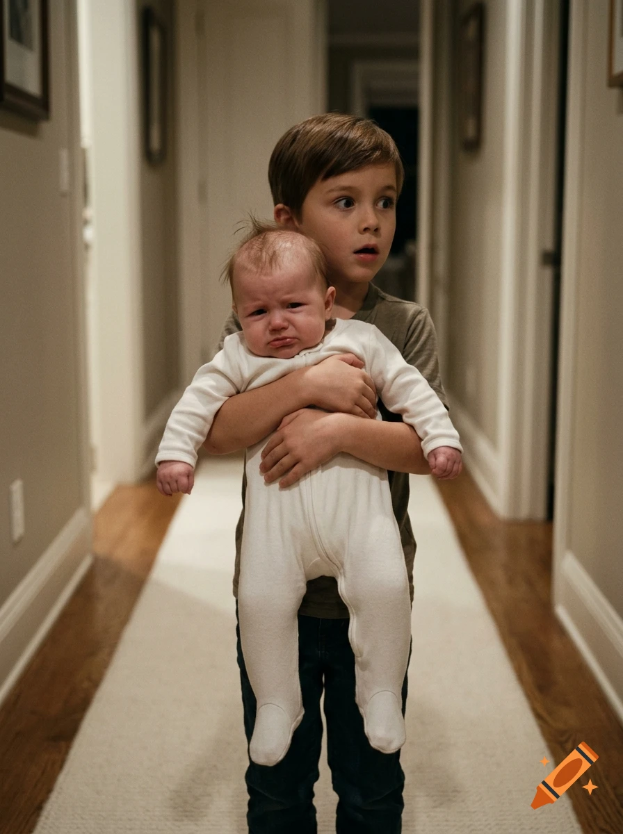 Photorealistic image of a young boy looking shocked while holding a frowning baby in a hallway.