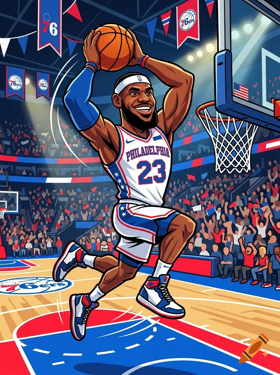 An illustrated cartoon of a basketball player dunking a basketball in a crowded stadium arena.