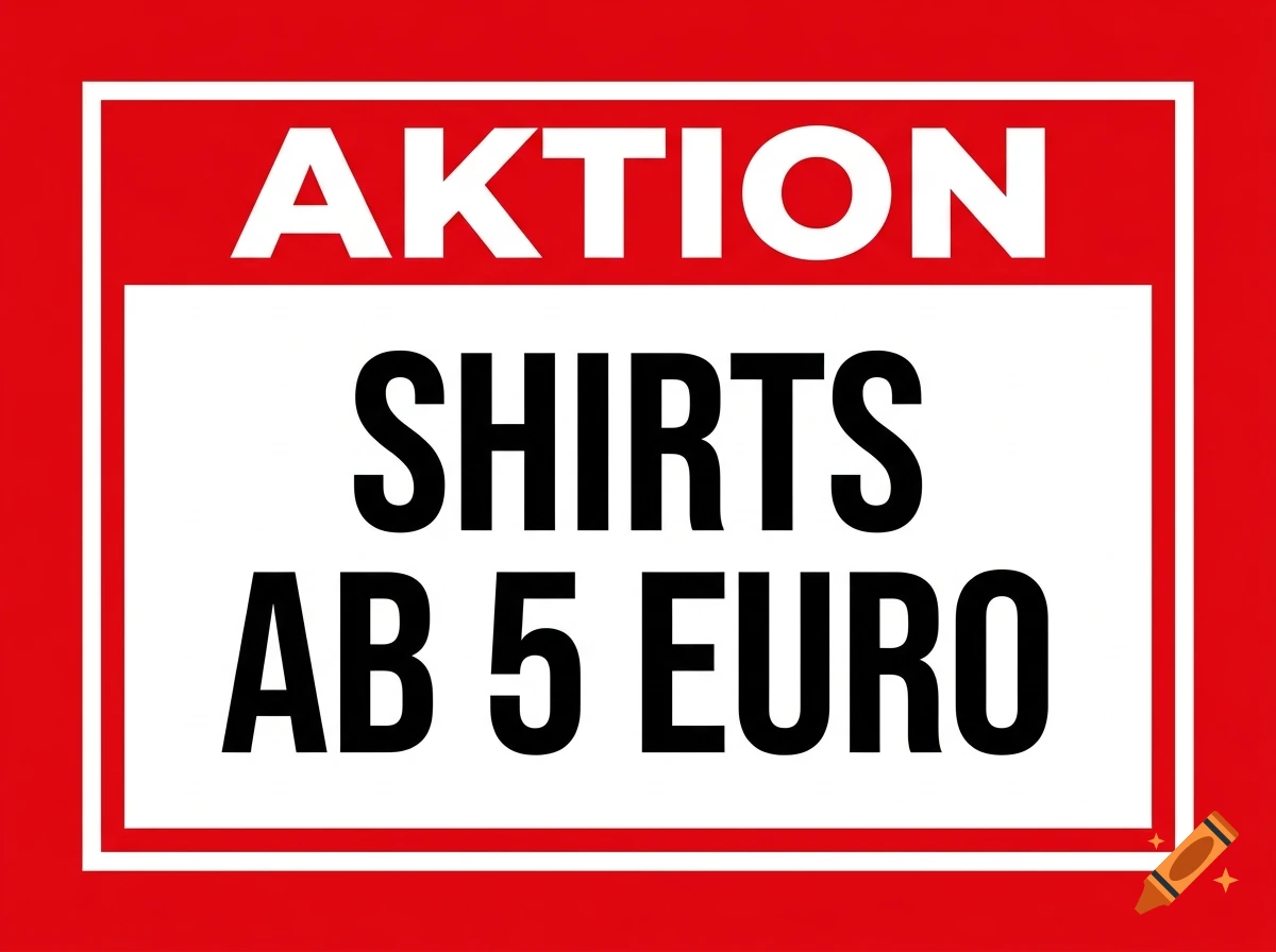 A red and white promotional sign with the German text AKTION SHIRTS AB 5 EURO.