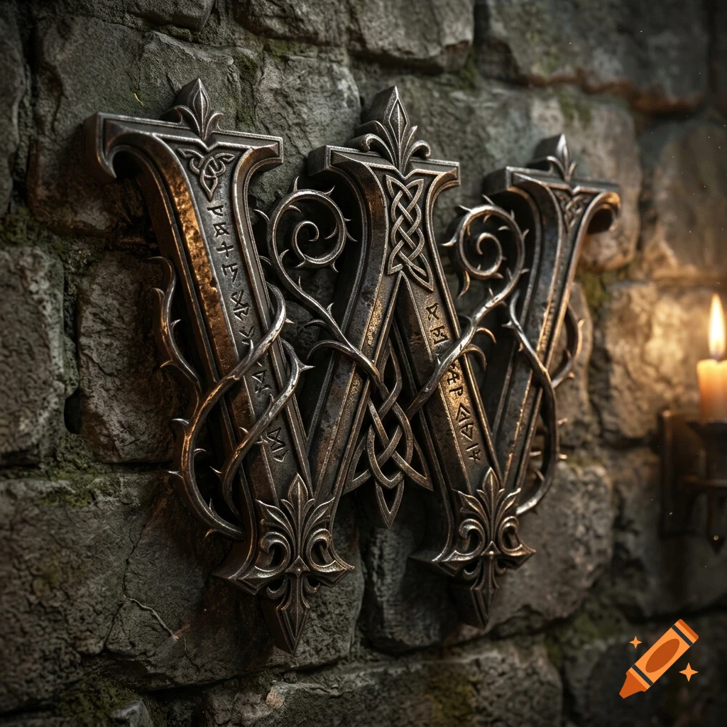 An ornate metal letter W adorned with Celtic knots, runes, and thorny vines is mounted on a rough stone wall near a glowing candle.