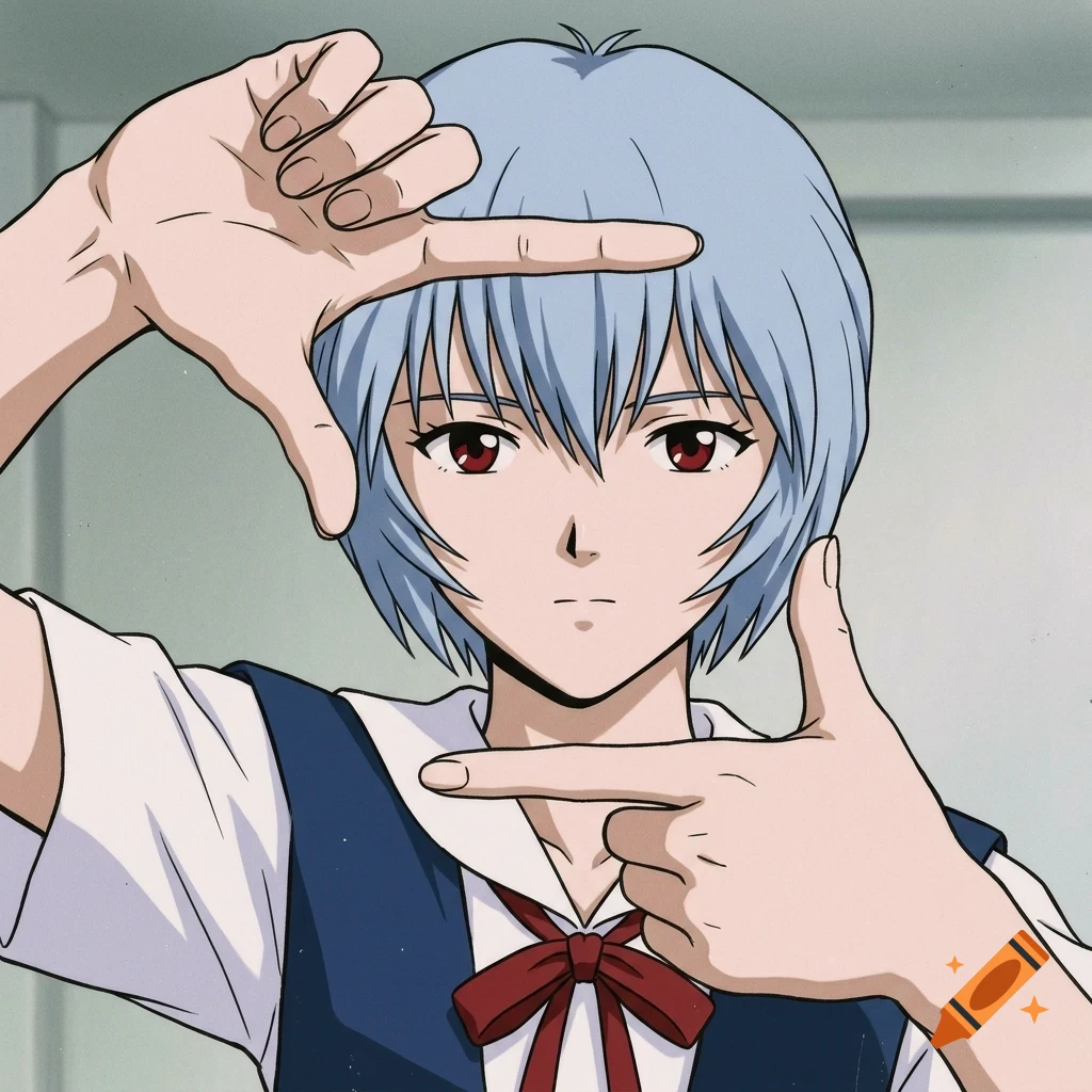An anime-style illustration of a character with short light-blue hair and red eyes, making a frame gesture with her hands.