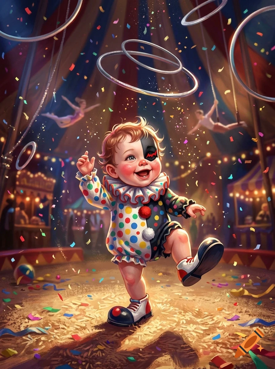 A smiling toddler dressed in a colorful clown costume with polka dots and face paint performs in a circus ring amidst floating rings, confetti, and trapeze artists.