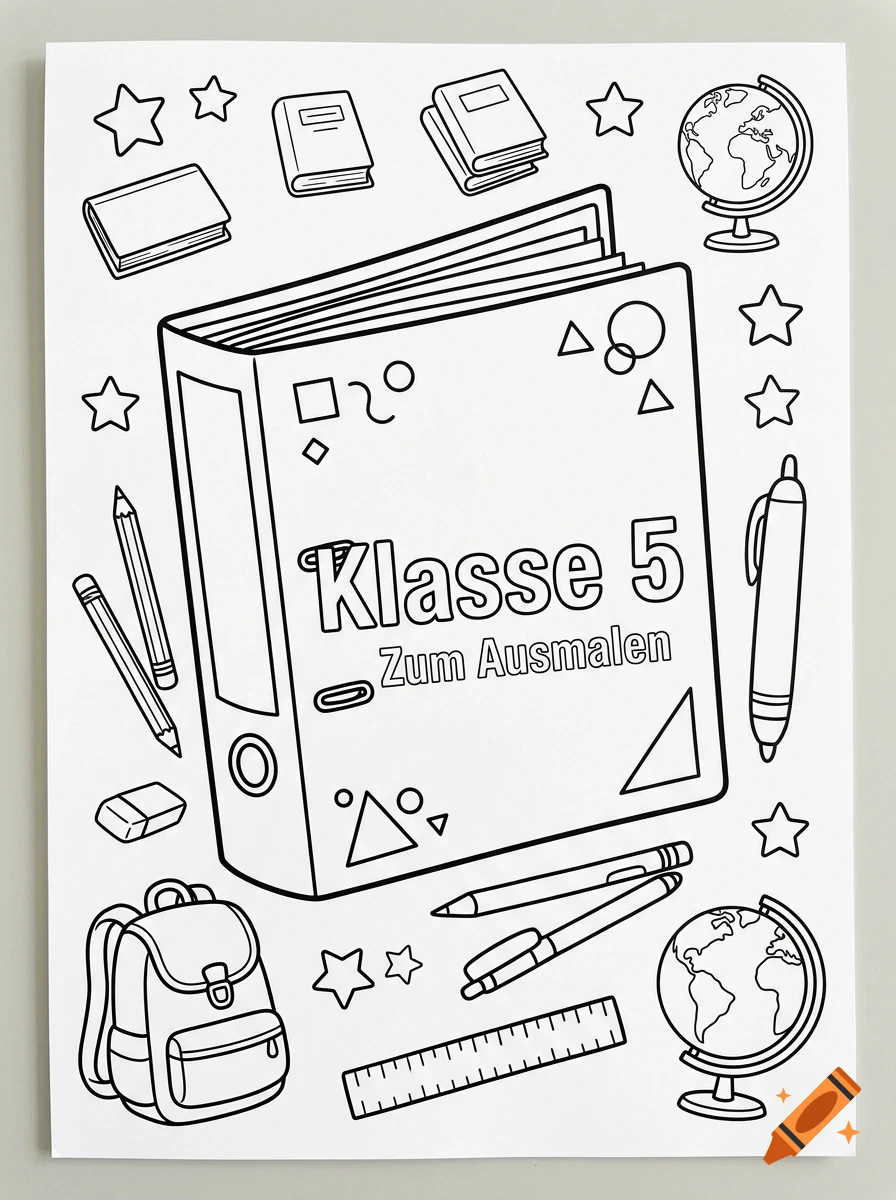 Black and white line art coloring page featuring a school binder labeled Klasse 5, surrounded by school supplies including pencils, books, globes, stars, and a backpack.