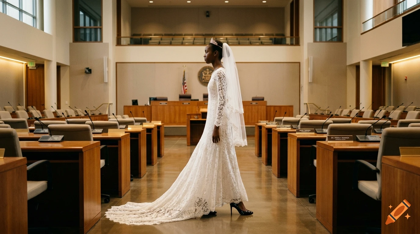 A young African girl in a white lace wedding dress and veil walking down the aisle in a municipal council chamber.