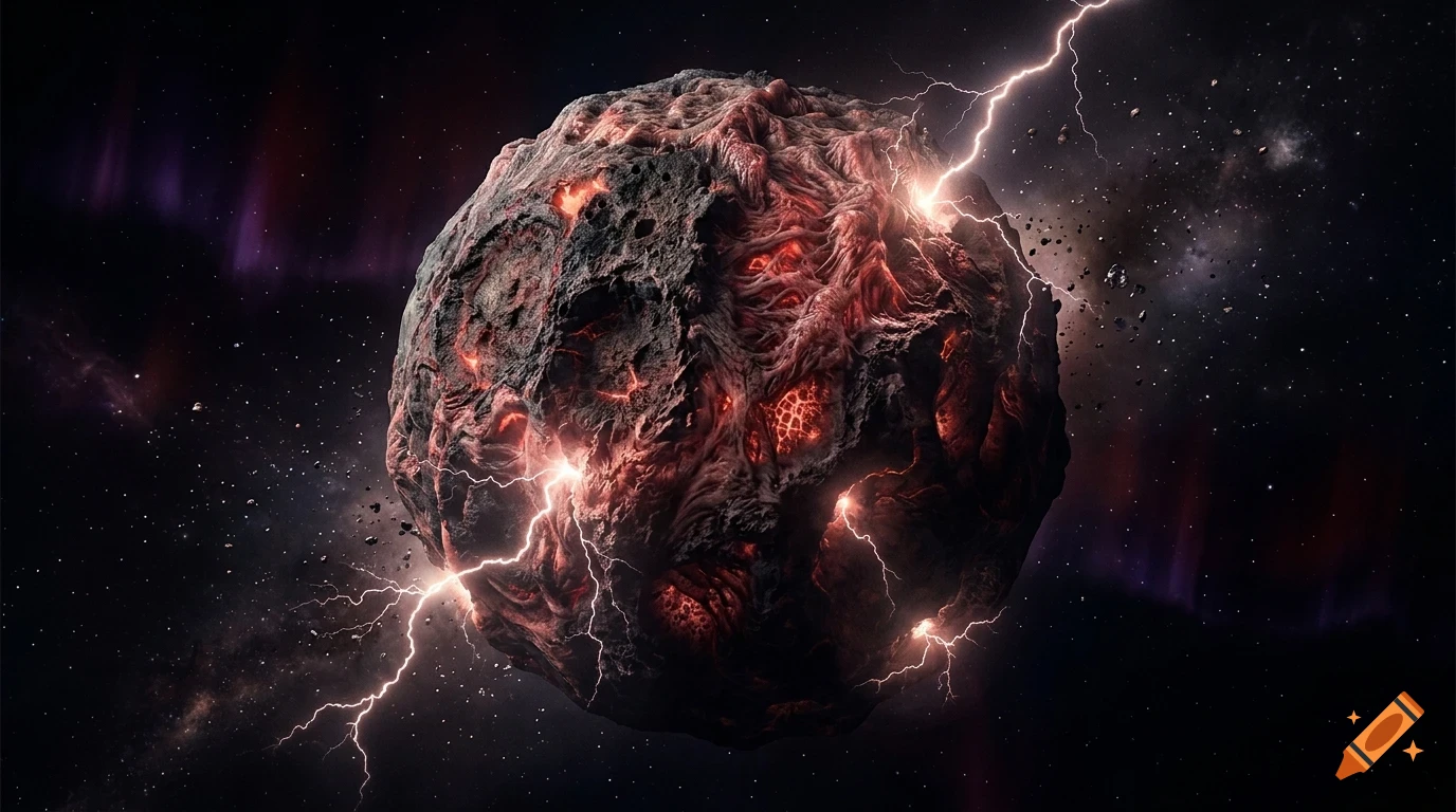 A desolate rocky planet or asteroid is struck by lightning bolts in deep space, glowing with molten red fissures and surrounded by debris.