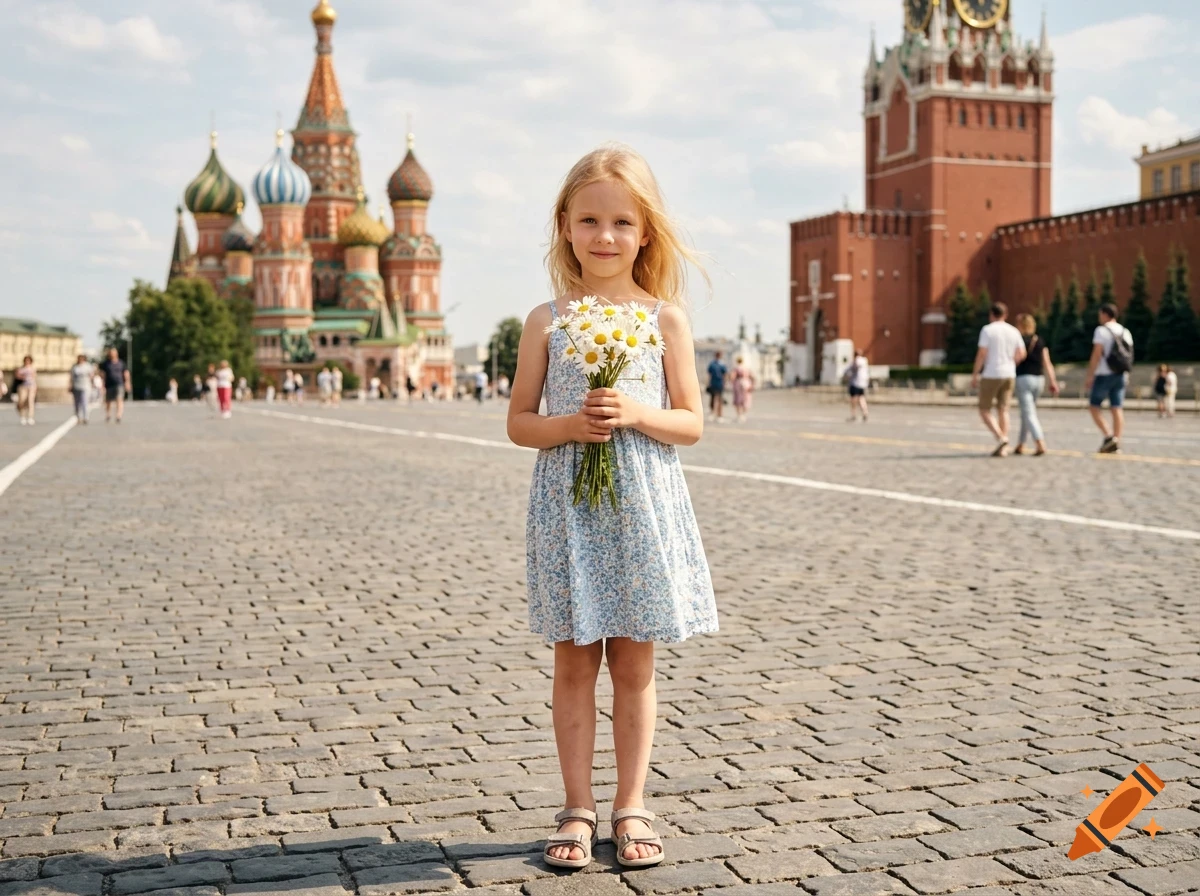 A young blonde girl holding a small bouquet of daisies while standing in a paved square with historic architecture in the background.