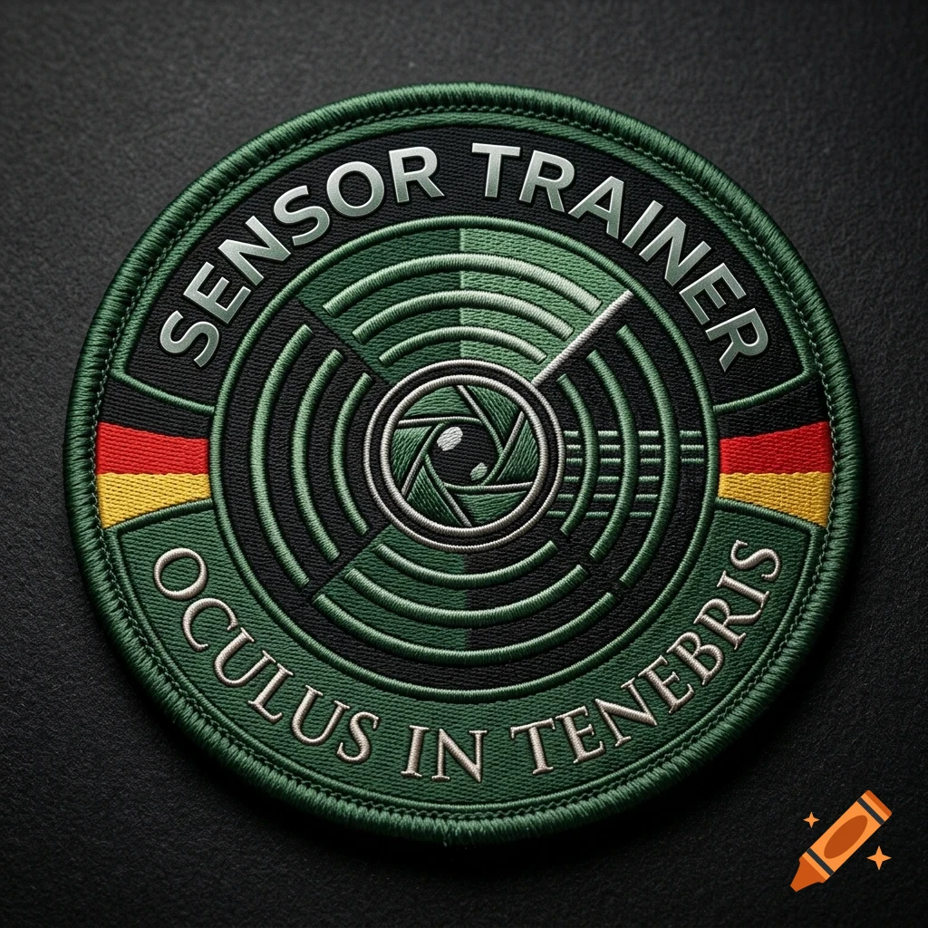 A round embroidered patch featuring the text "SENSOR TRAINER" and "OCULUS IN TENEBRIS" with a radar and camera aperture design, along with German flag accents.