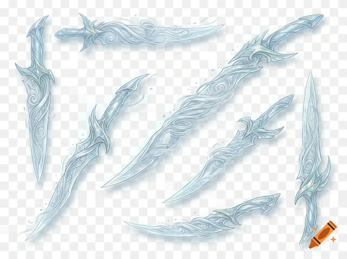 An array of fantasy ice or wind blades and daggers with swirling patterns against a transparent grid background.