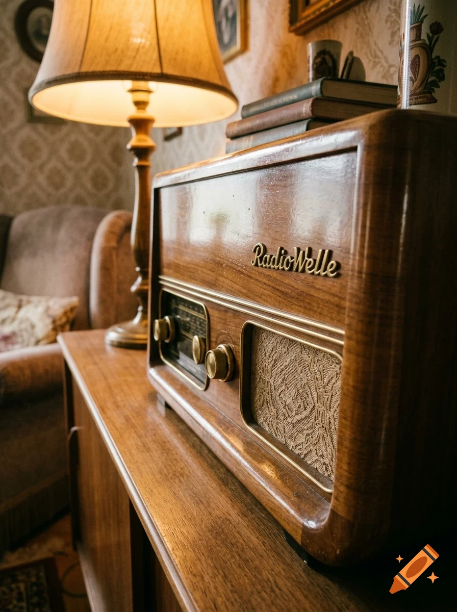 A vintage wooden radio with the brand name RadioWelle sits on a wooden cabinet next to a lit table lamp in a living room.