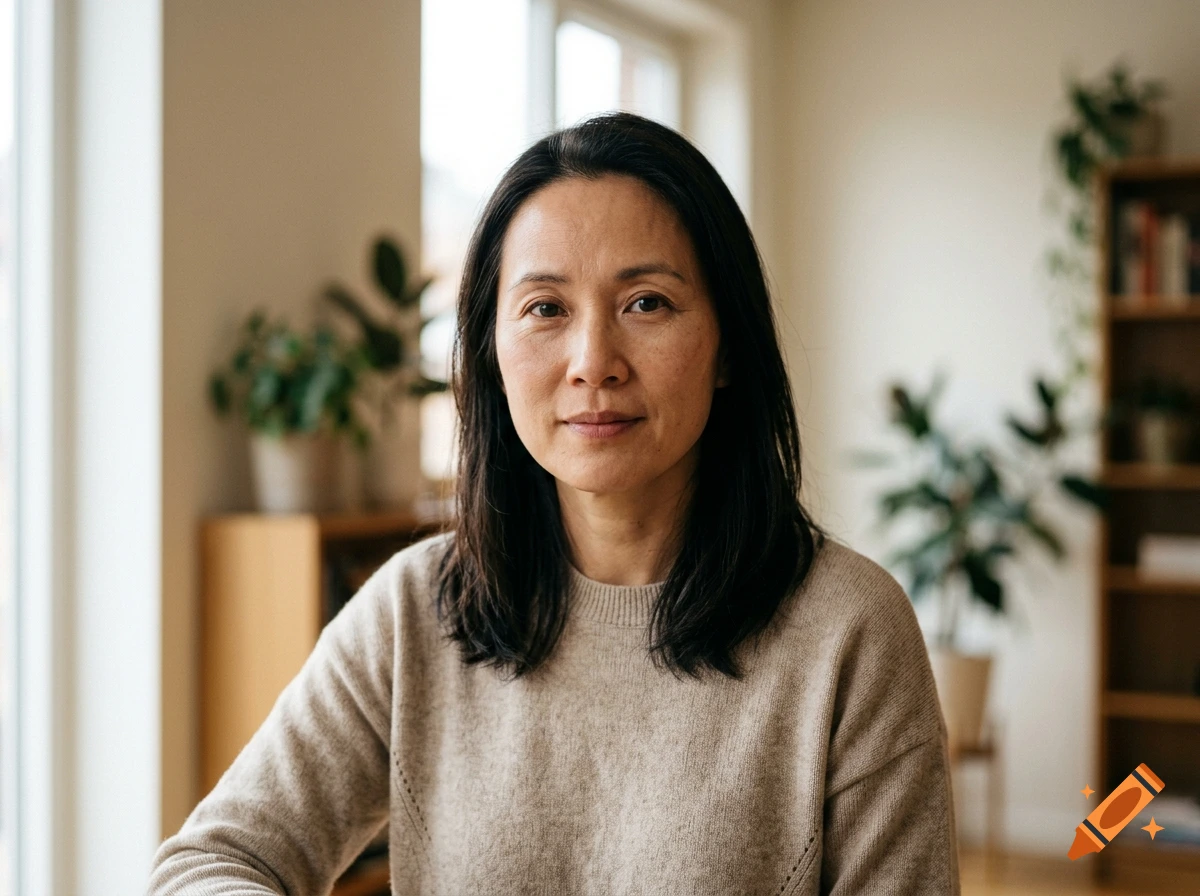 Photorealistic portrait of a middle-aged woman with dark hair in a beige sweater, sitting indoors.