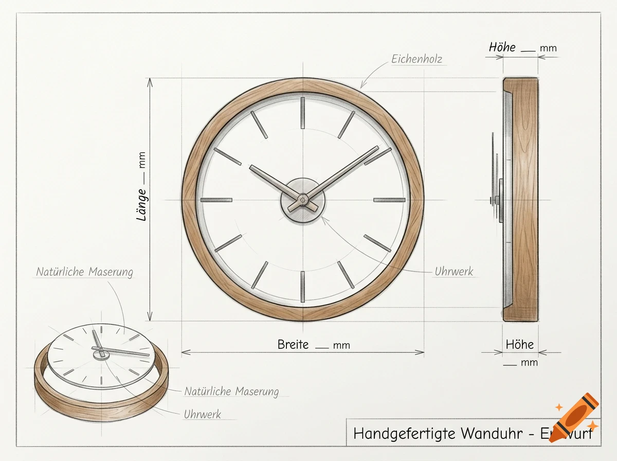 An engineering and design drawing of a handmade wooden wall clock featuring front, side, and perspective views with German annotations and dimension lines.
