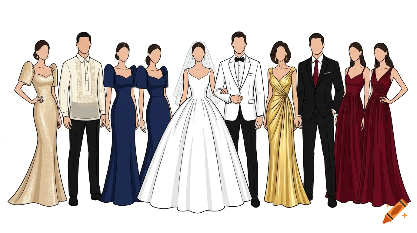 Illustration of a bridal party including a bride in a white ballgown and veil, a groom in a white tuxedo jacket, and various groomsmen and bridesmaids in formal attire like gowns and suits.