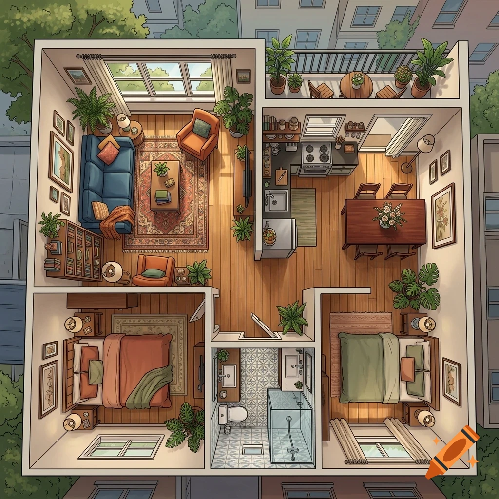 An overhead cross-section view of a furnished apartment featuring a living room, kitchen, dining area, two bedrooms, a bathroom, and a balcony filled with potted plants.