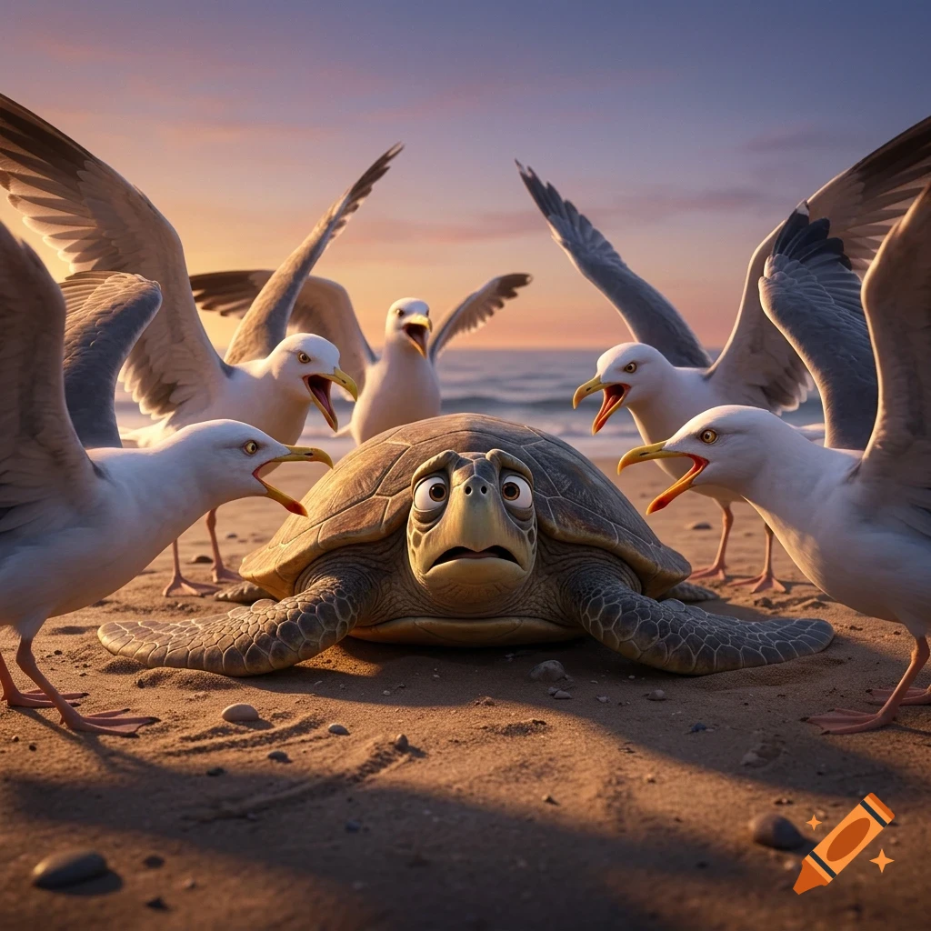 An alarmed sea turtle is surrounded by squawking seagulls on a sandy beach at sunset.