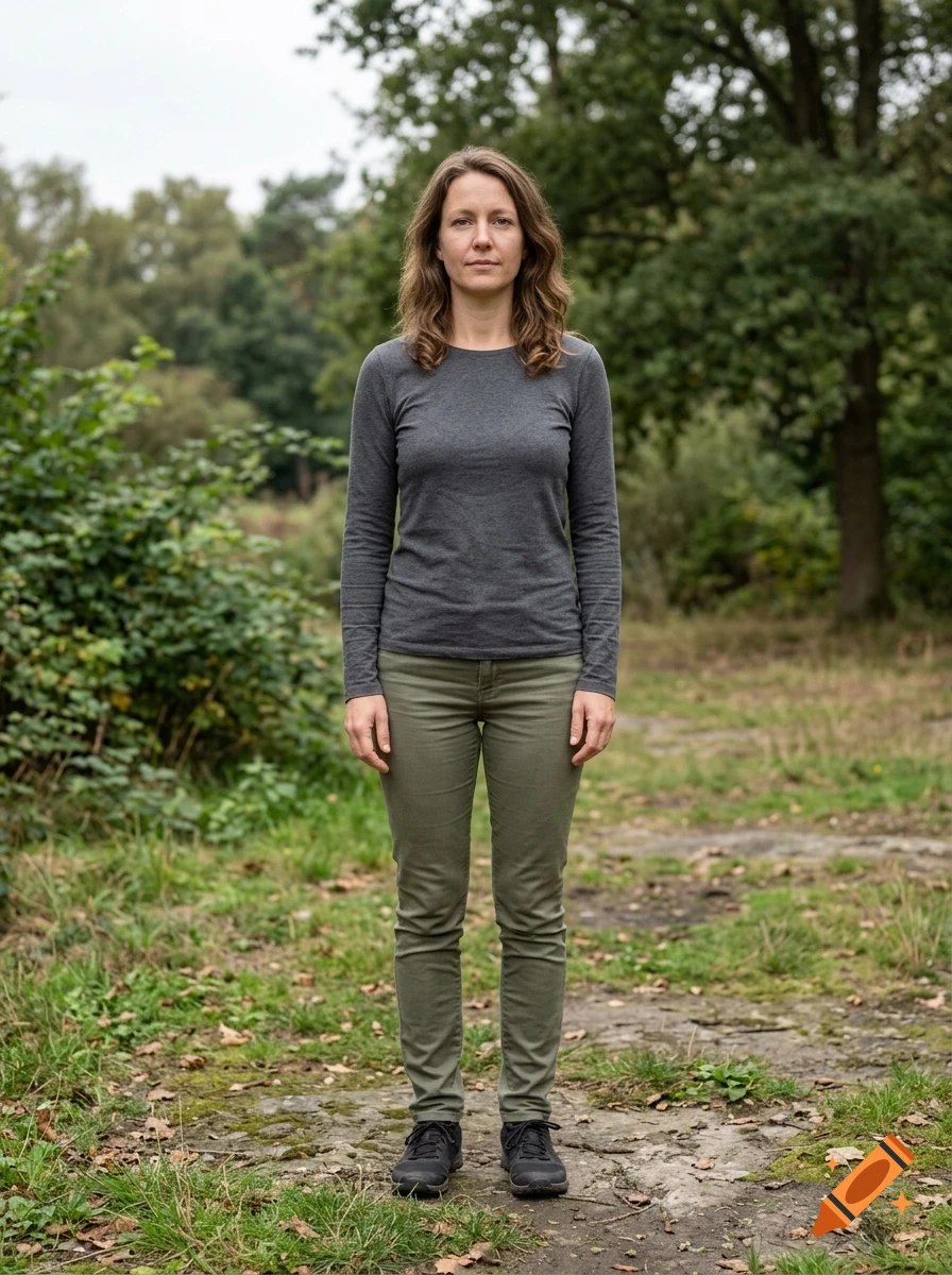 A full-length portrait of a woman standing outdoors with trees in the background, wearing a gray long-sleeved shirt, green trousers, and dark sneakers.