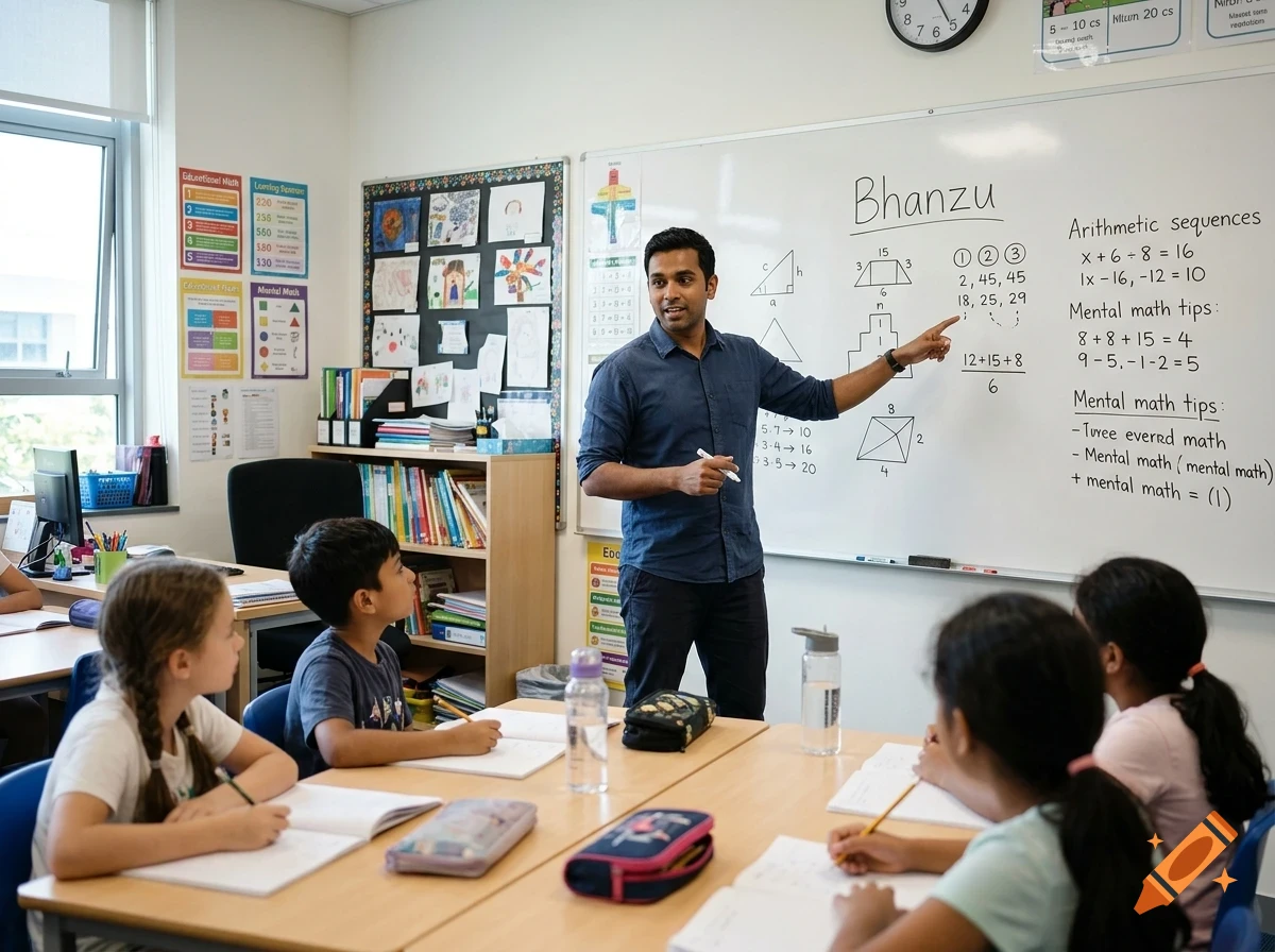 A teacher pointing to a whiteboard with math equations in a bright classroom with students sitting at desks.
