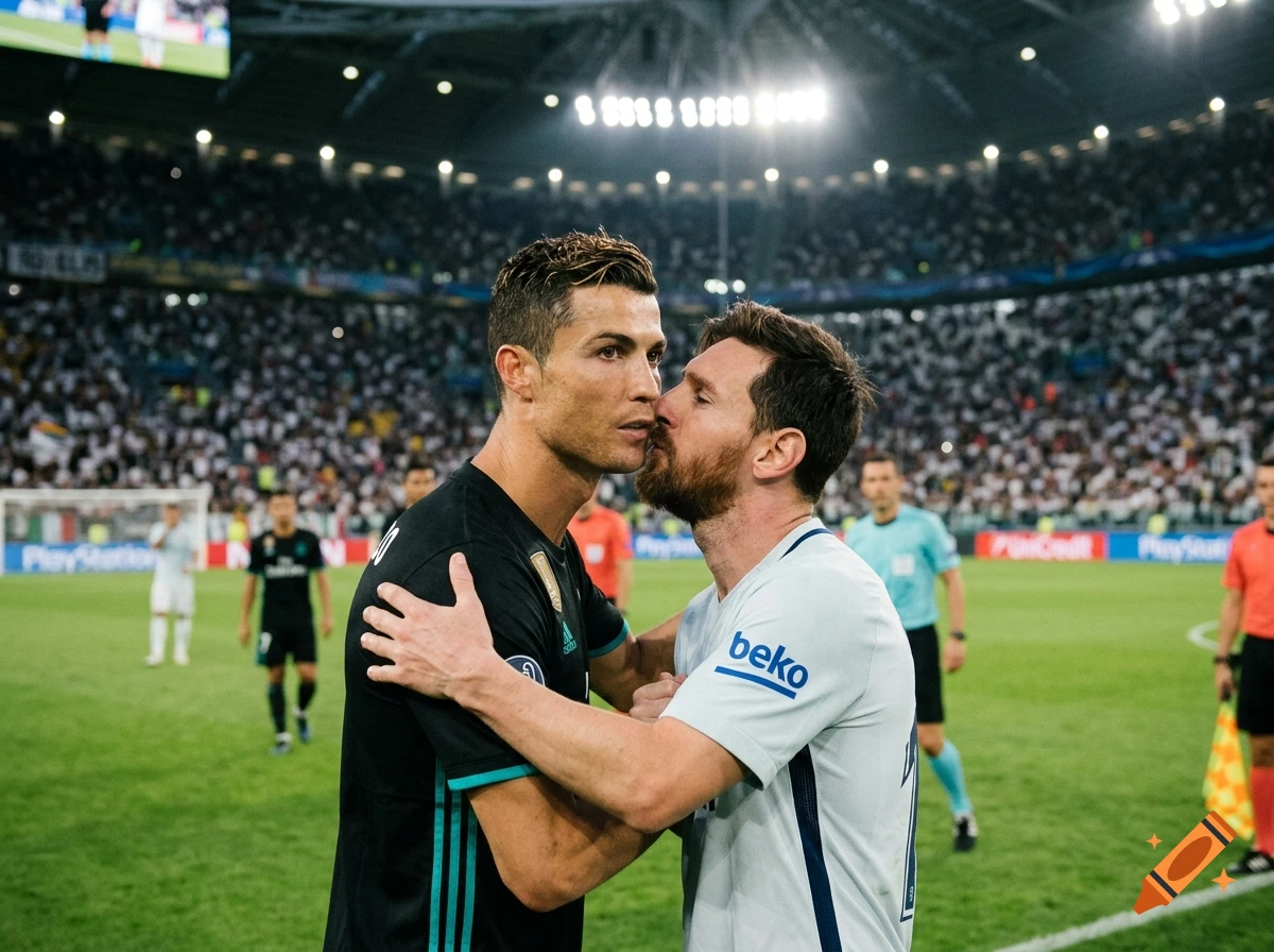 Photorealistic image of Cristiano Ronaldo and Lionel Messi embracing on a soccer field in a crowded stadium.
