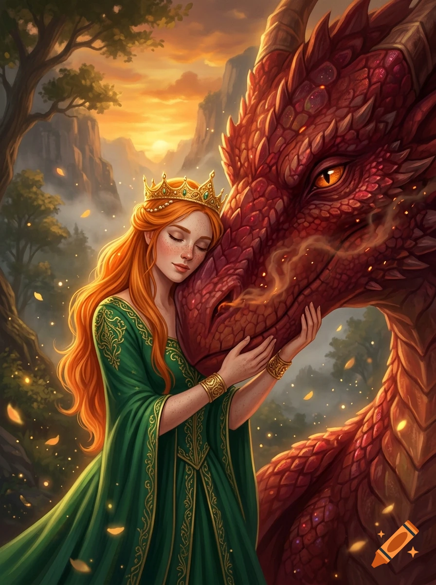 Digital painting of a red queen with long orange hair and a gold crown affectionately hugging a large red dragon.