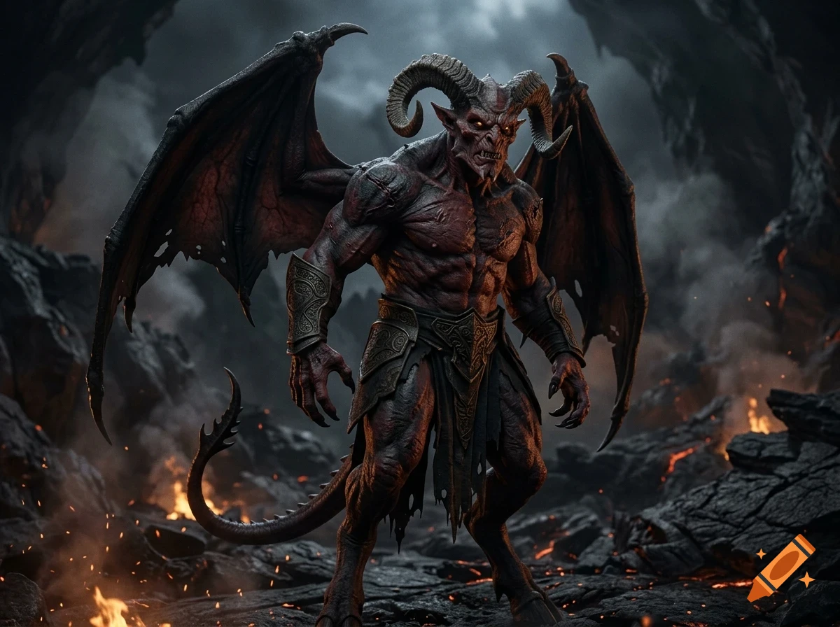 A muscular red demon with large curling horns, bat-like wings, and a spiked tail stands in a dark volcanic cavern with glowing embers.