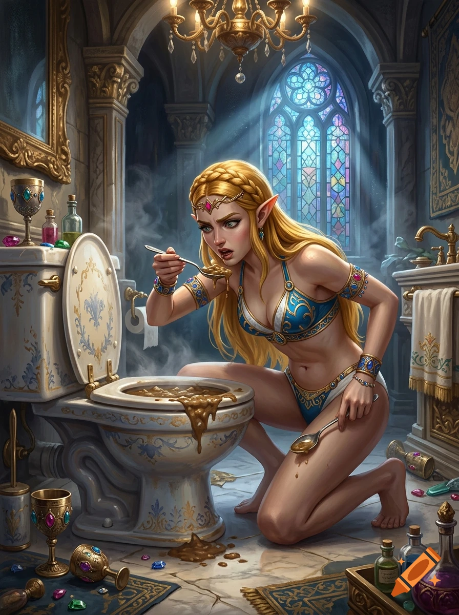 An elf princess in a blue bikini crouching in a medieval bathroom, eating lumpy brown gravy with a spoon from a toilet. Digital painting.