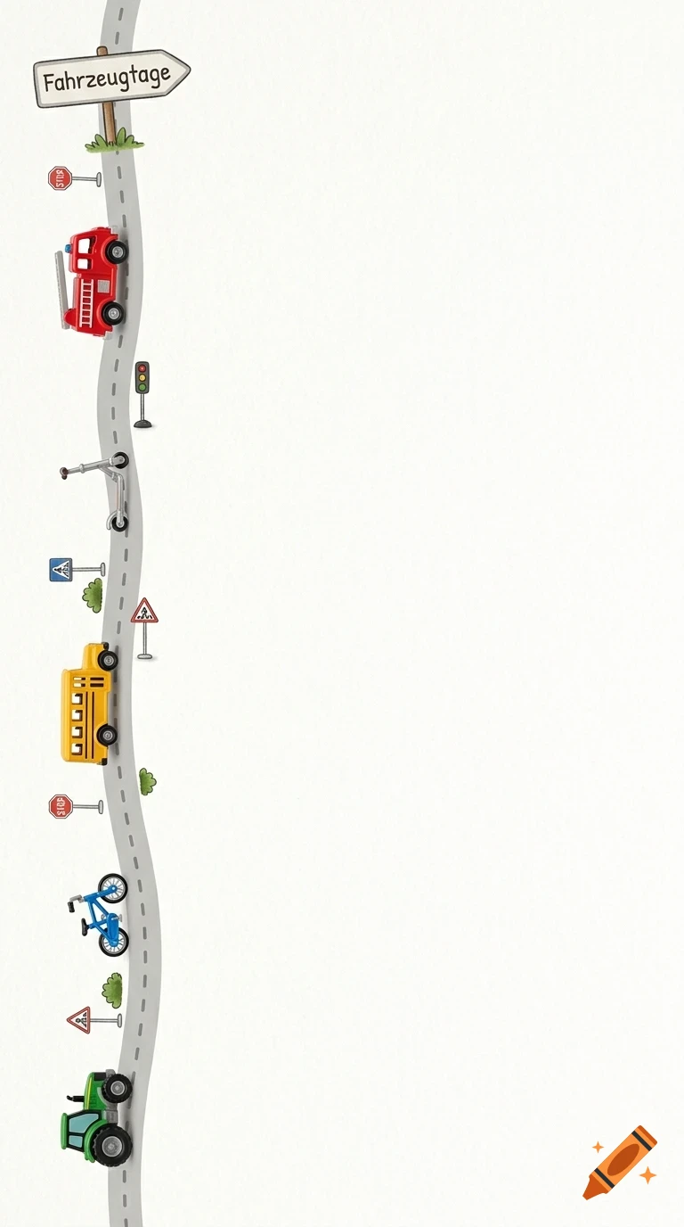 An illustrated winding road on a white background with a sign at the top, followed by a fire truck, school bus, bicycle, tractor, and various smaller vehicles and road signs along the path.