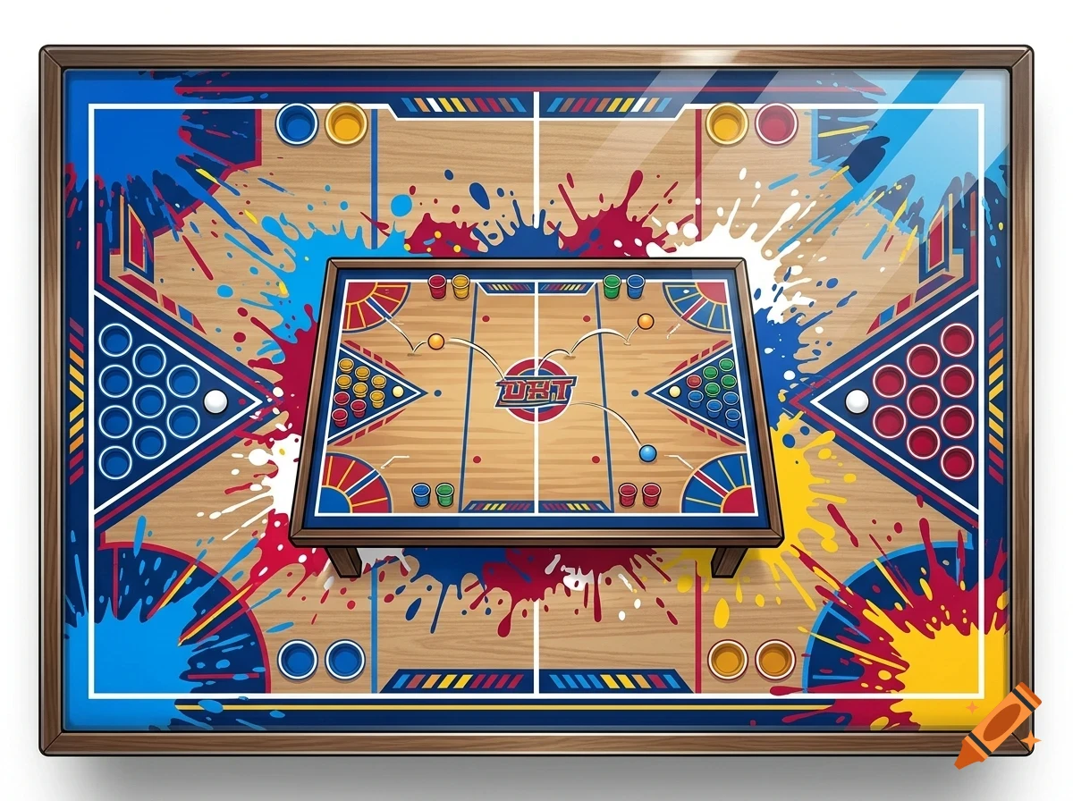 An illustrated top-down view of a colorful tabletop game featuring a wooden playing surface, paint splatter designs, and balls bouncing towards cup formations.