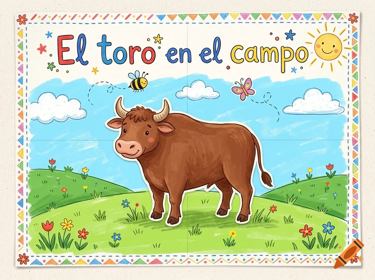 An illustrated children's book page showing a brown bull standing in a green meadow with flowers, a sun, clouds, a bee, and a butterfly, with Spanish text reading El toro en el campo.