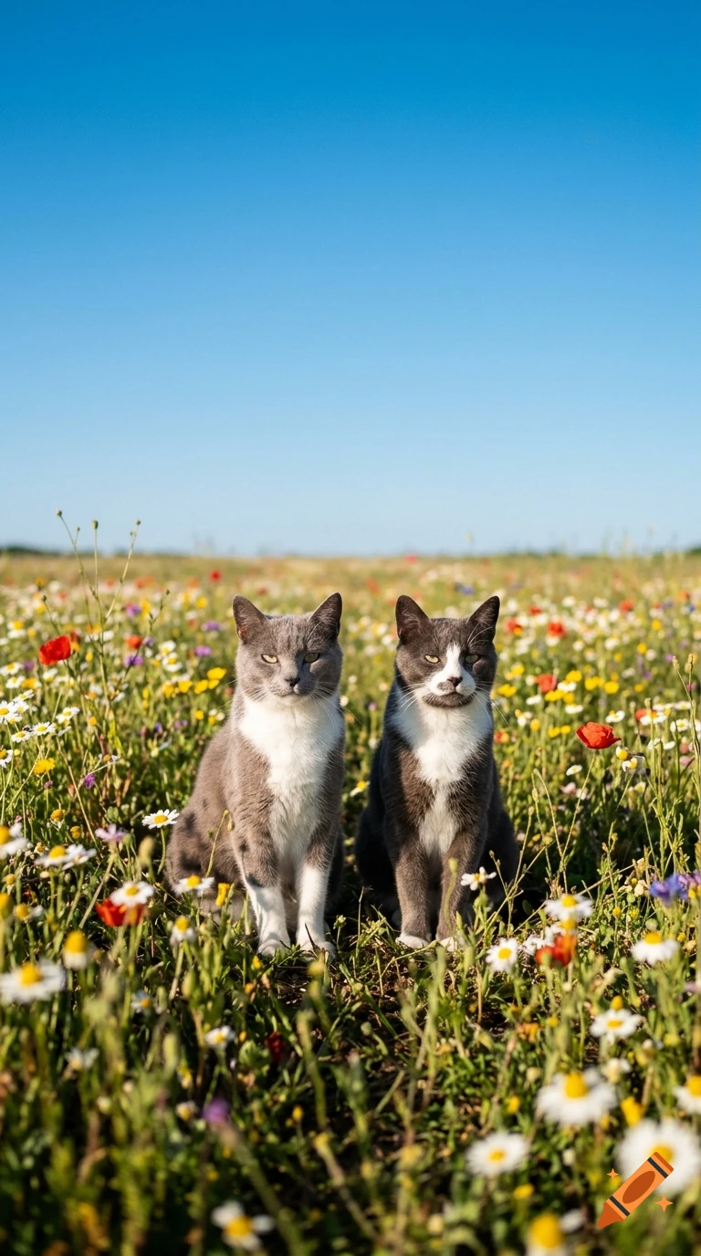 Photorealistic image of two cats sitting in a field of wildflowers under a clear blue sky.