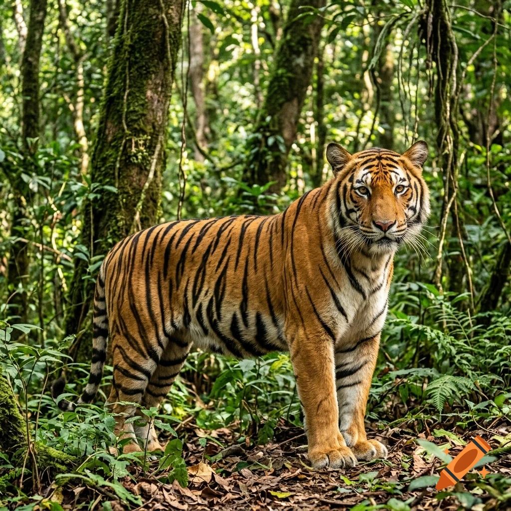 A tiger standing in a dense, mossy forest among lush green foliage and tree trunks.