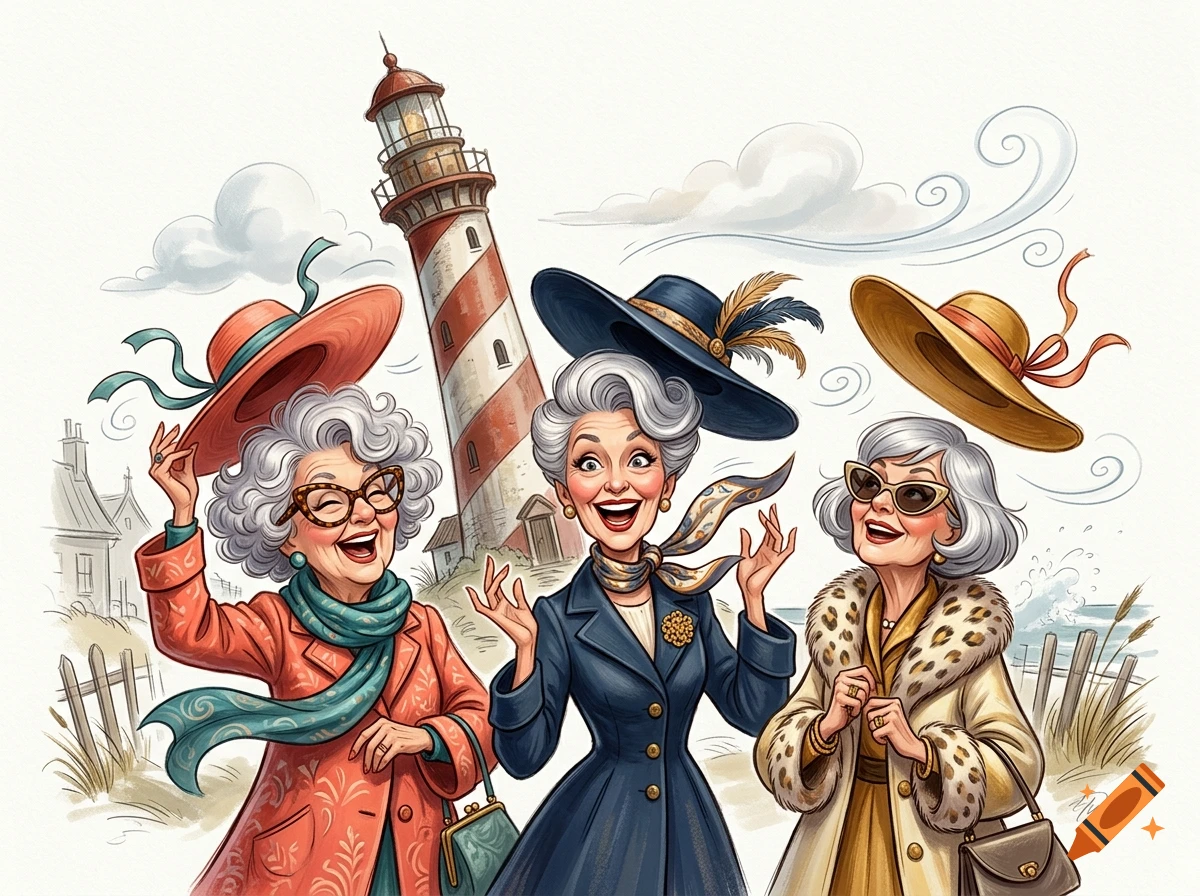 Watercolor illustration of three stylish elderly women posing in front of a lighthouse while their hats blow away in the wind.