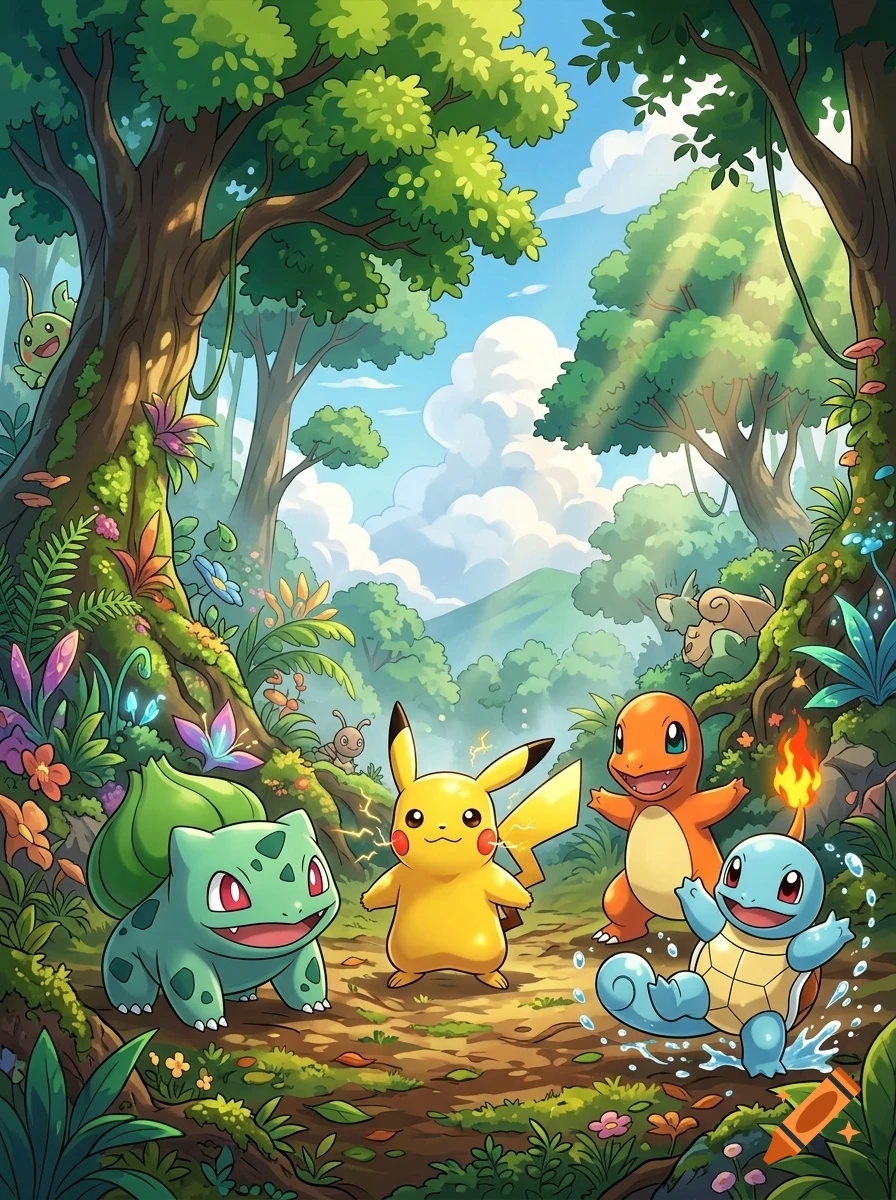 Pikachu, Bulbasaur, Charmander, and Squirtle stand together in a lush, sunlit forest clearing surrounded by trees and vibrant foliage.