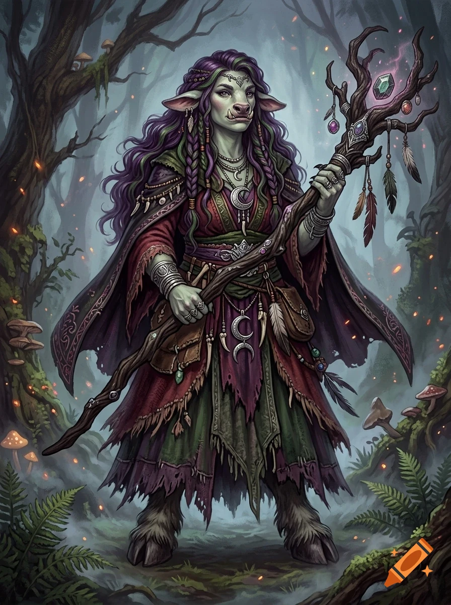 An illustrated fantasy orc shaman with purple hair and horns holding a gnarled wooden staff in a mystical forest.