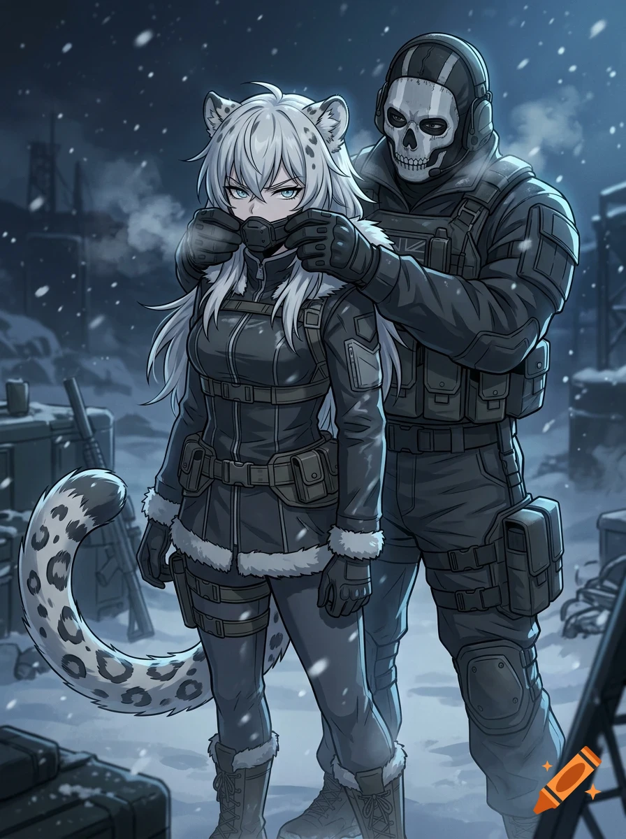 An anime-style illustration of a snow leopard kemonomimi character and a soldier in tactical gear wearing a skull mask in a snowy environment.