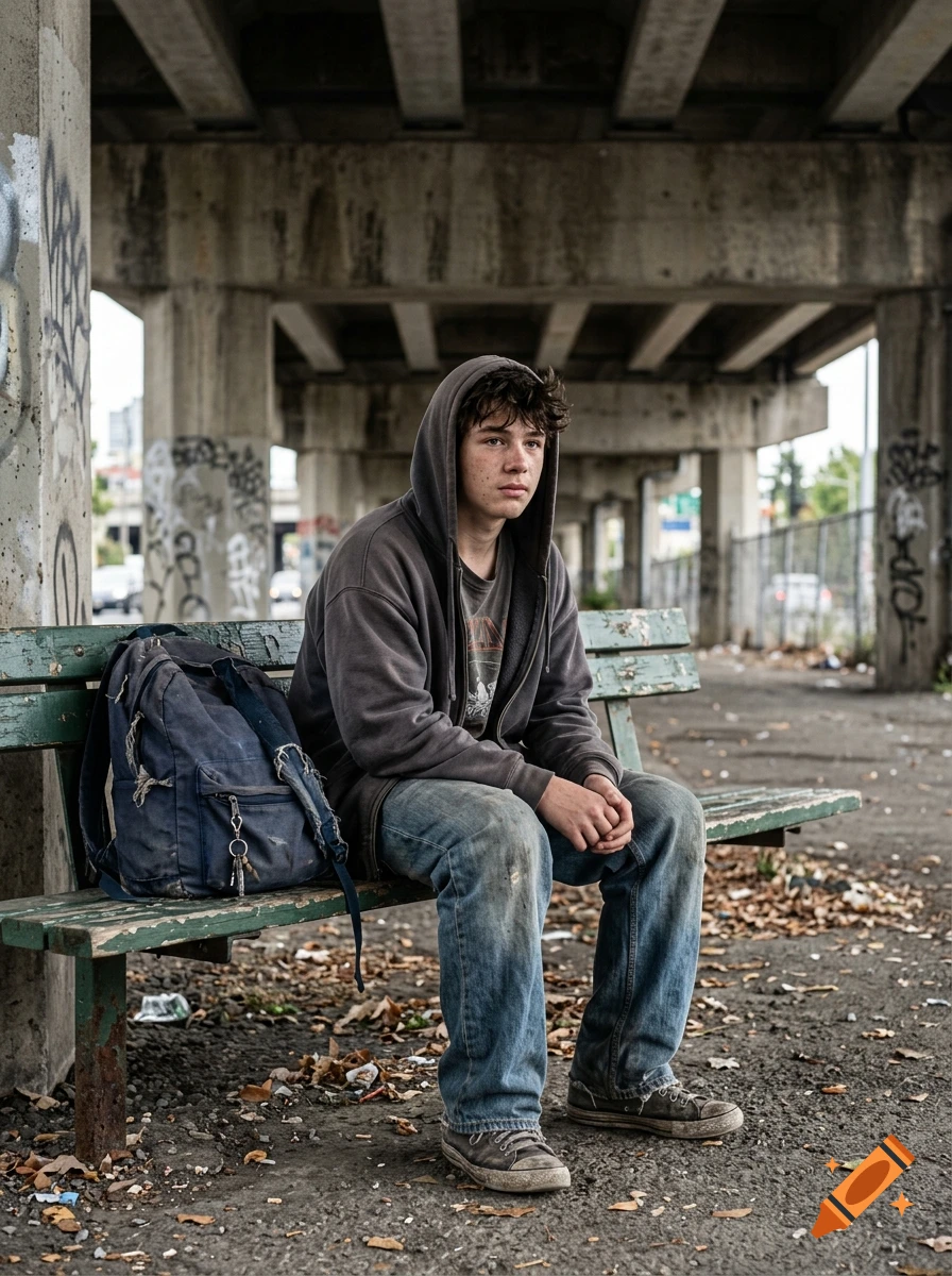 Photorealistic portrait of a young male teenager in a hoodie sitting on a worn wooden bench outdoors under concrete overpass.
