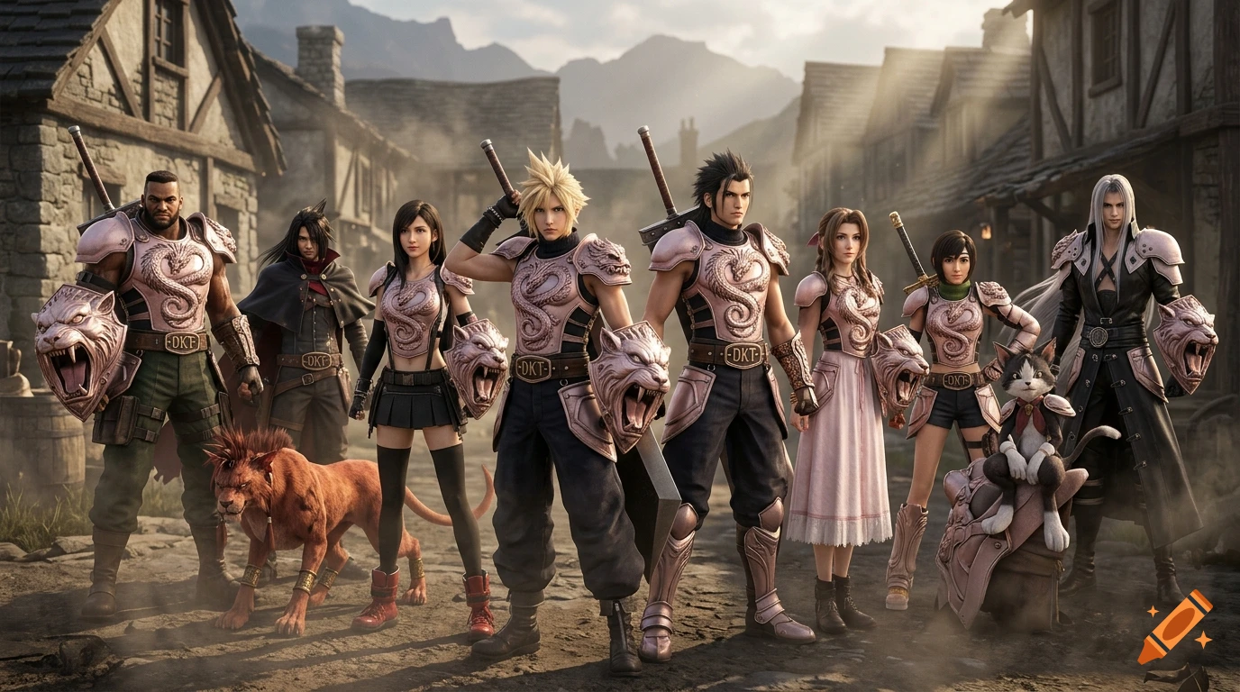 Cinematic group poster of Final Fantasy VII characters wearing matching armor and carrying Buster Swords in a village.