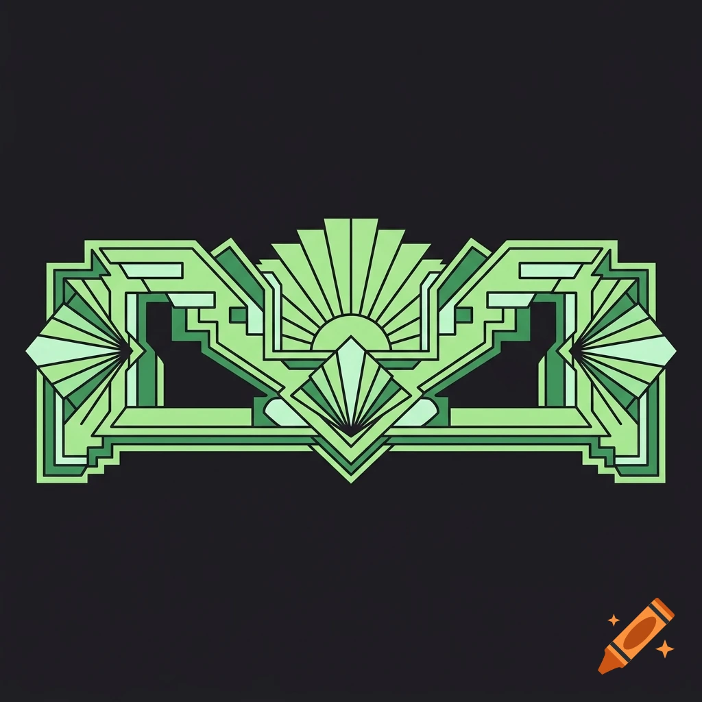 Green and black art deco design with sharp geometric lines and fan motifs.