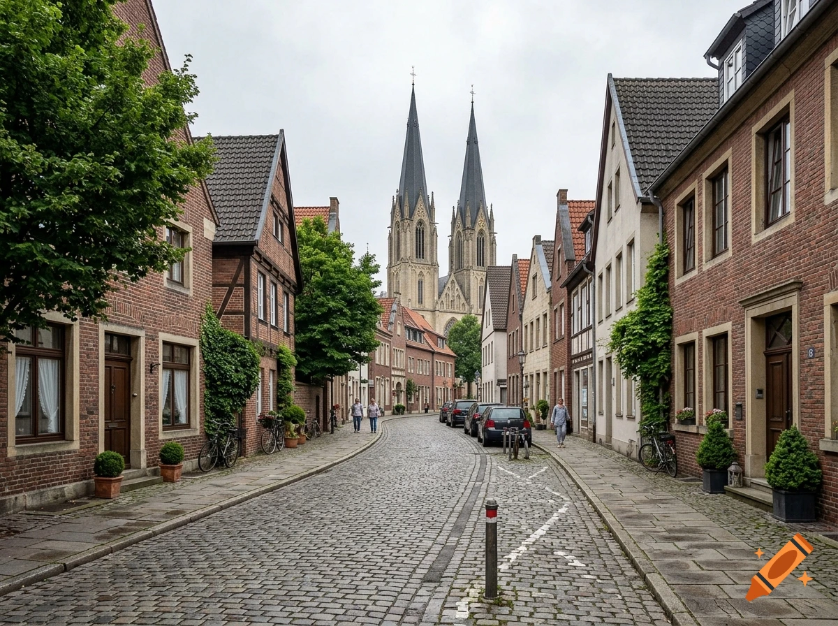 Photorealistic view of a cobblestone street in Billerbeck with brick buildings and twin church spires in the background.