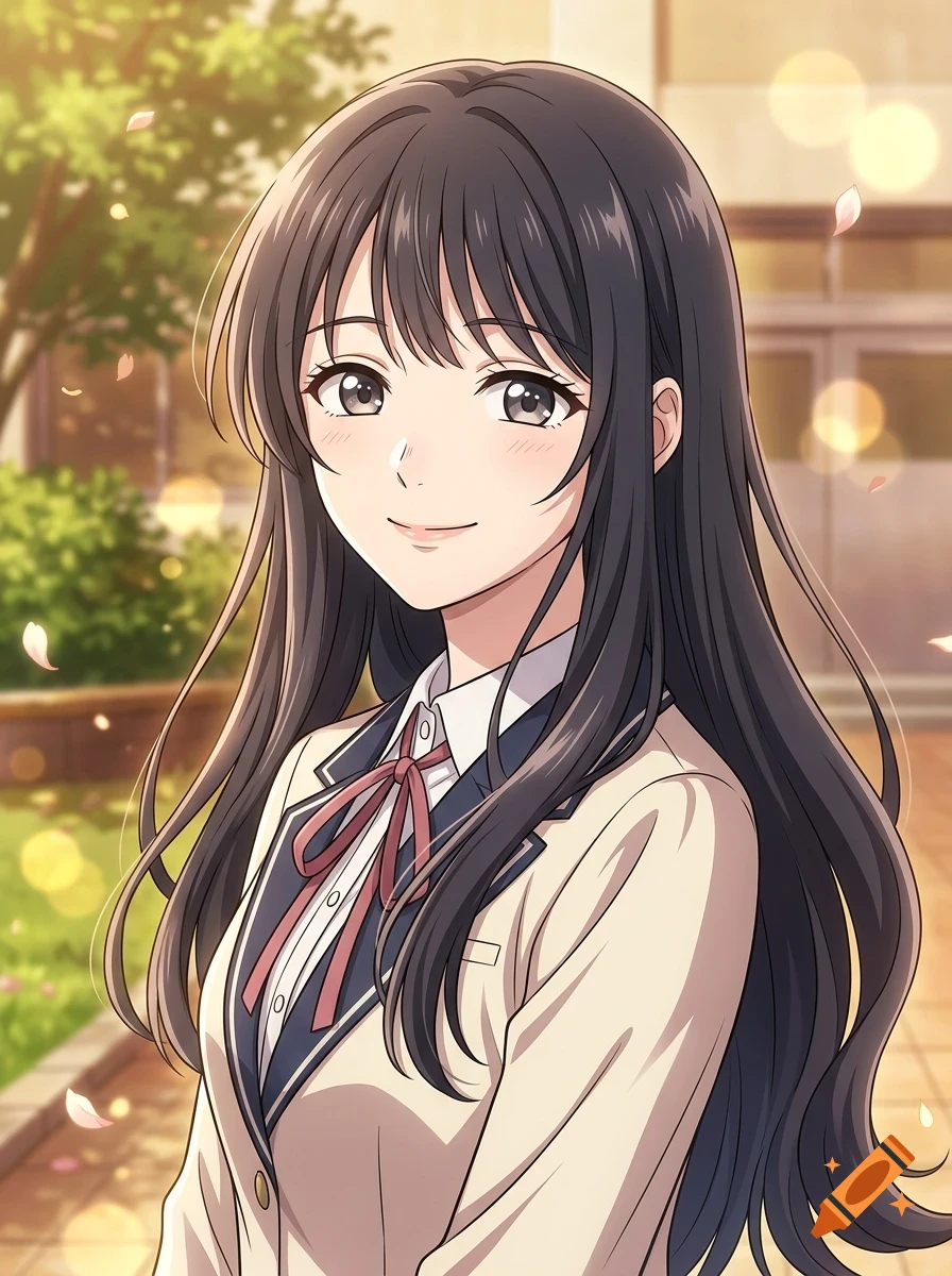An anime-style portrait of a young woman with long dark hair, wearing a school uniform with a ribbon.