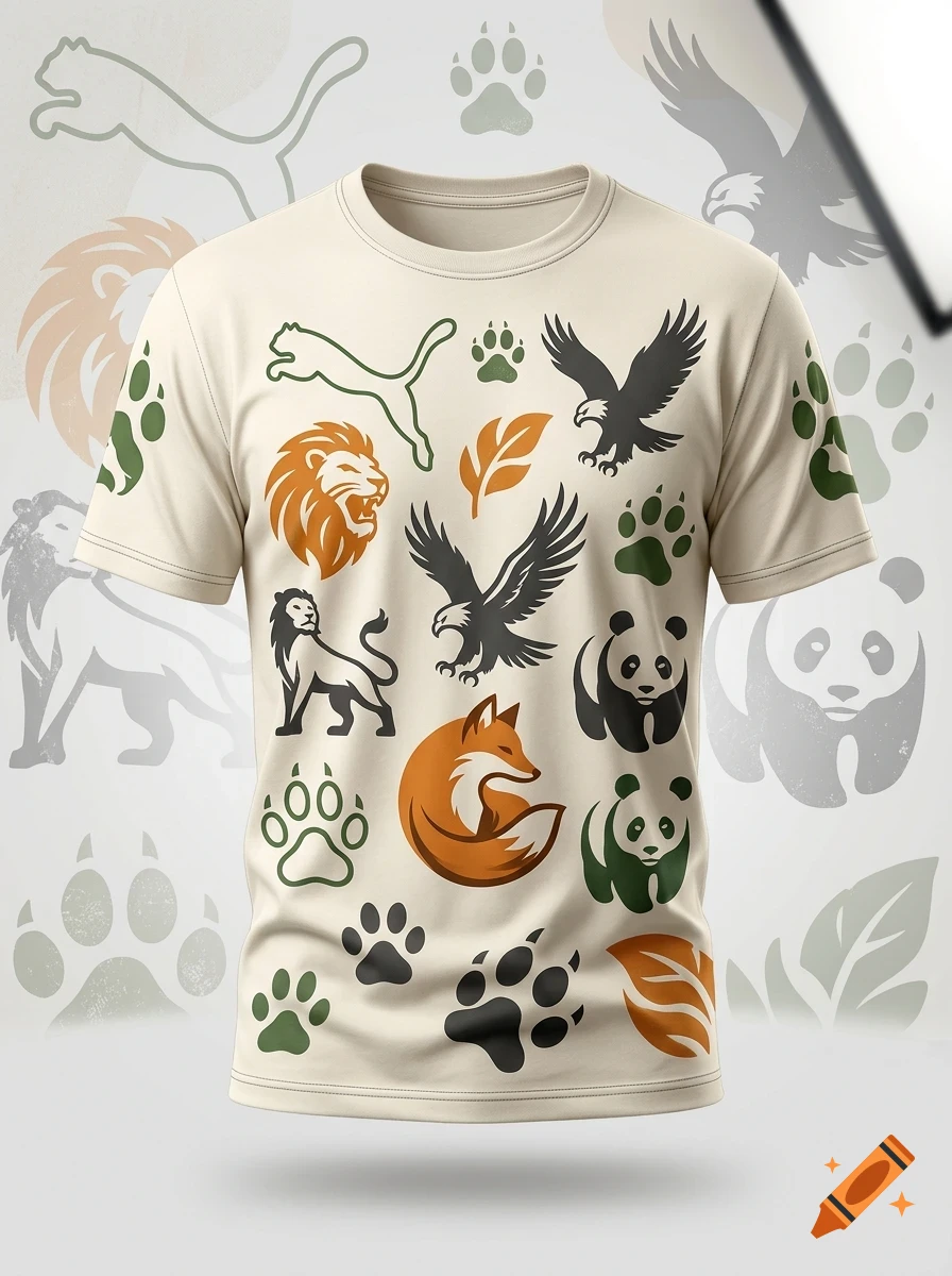 A beige t-shirt featuring a patterned design of various wildlife icons, including lions, eagles, pandas, a fox, and paw prints.