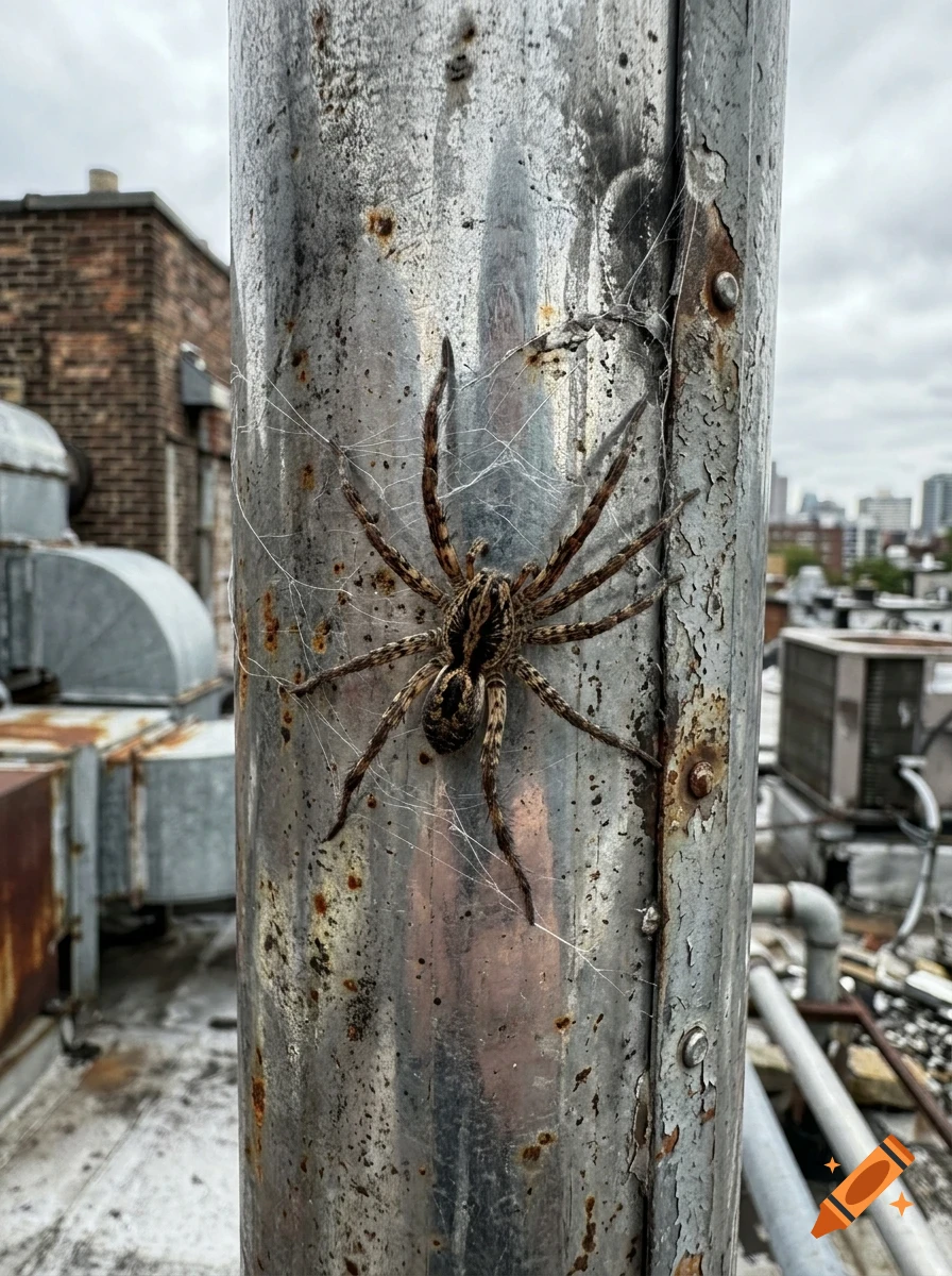 A large brown patterned spider resting on a rusted metal pipe with visible web strands, set against a rooftop urban backdrop.