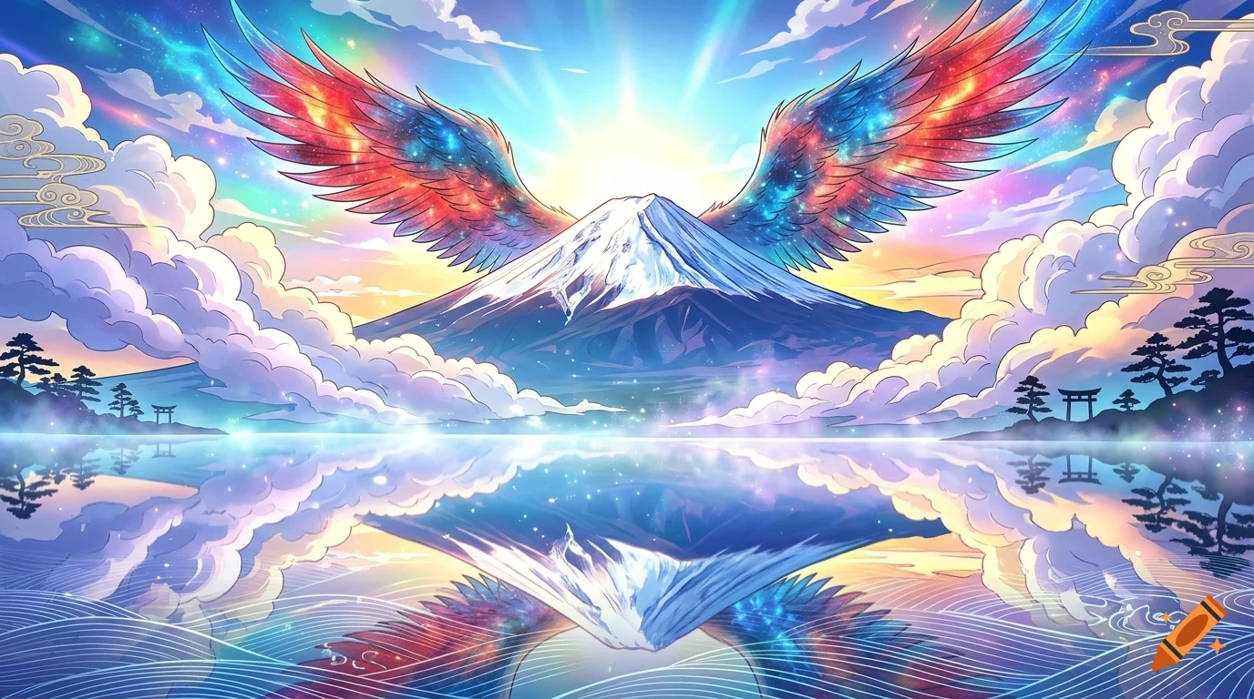 A fantasy mountain resembling Mount Fuji, topped with snow and flanked by cosmic, glowing wings, reflected in a tranquil lake under a vibrant sunset sky.