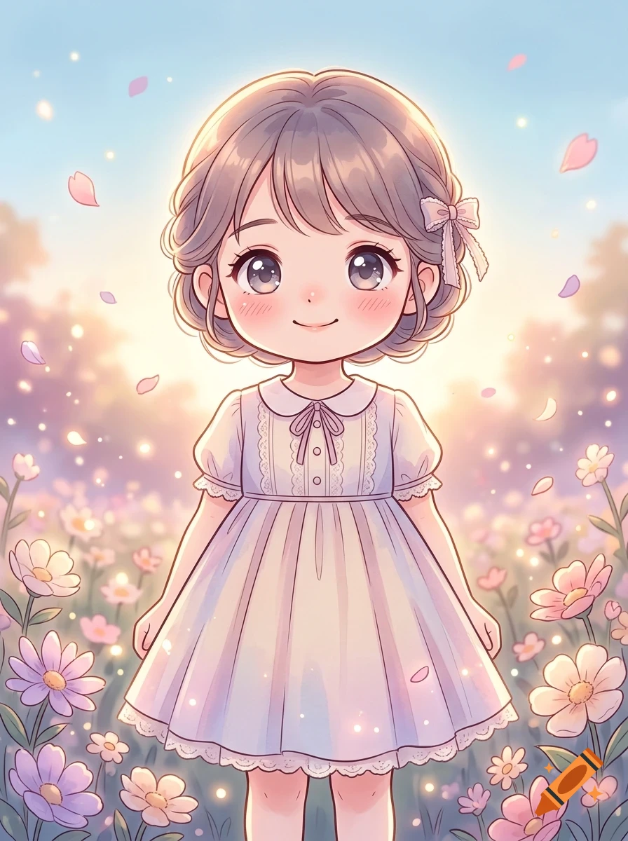 An anime-style illustration of a young girl standing in a flower field with soft lighting and falling petals.